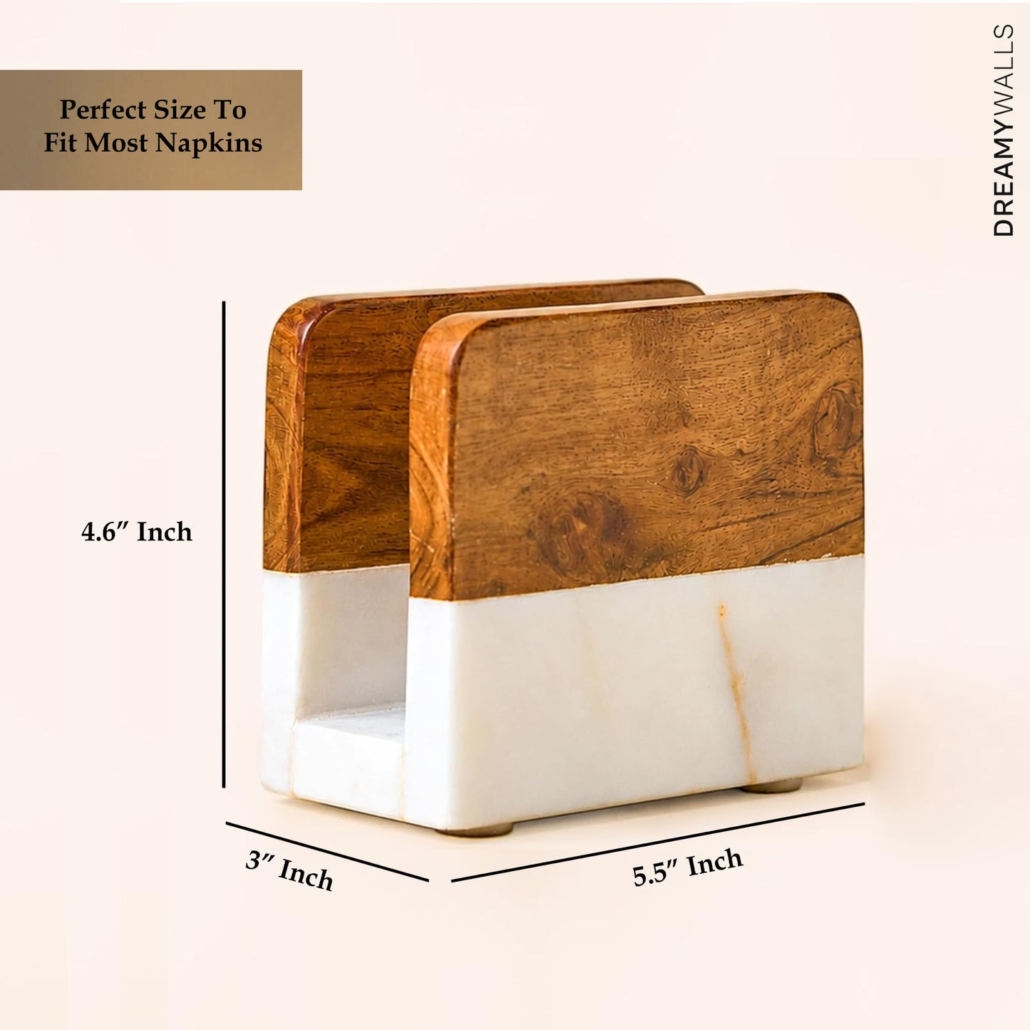 Dreamy Walls 5.5” Marble Napkin Holder for Dining Table & Kitchen Counter | Modern, Upright, Acacia Wood & Marble Napkin Dispenser & Stand | Cocktail, Party, Countertop Use | Handmade in India