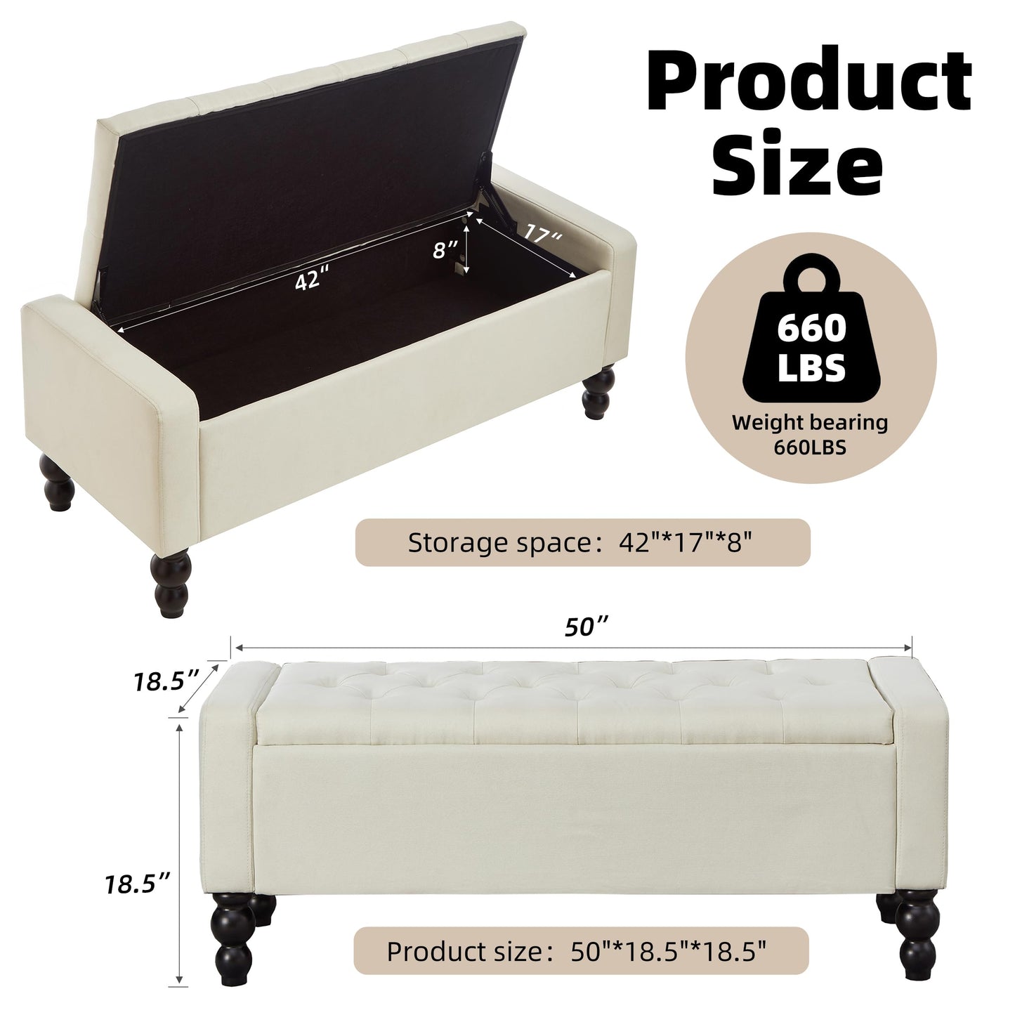 DRM‘SCUUM 50" W Storage Ottoman Bench with Safety Hinge, Load up to 660 lb Ottoman with Storage, Upholstered Tufted Entryway Bench with Seating for Living Room, Bedroom, (Beige)