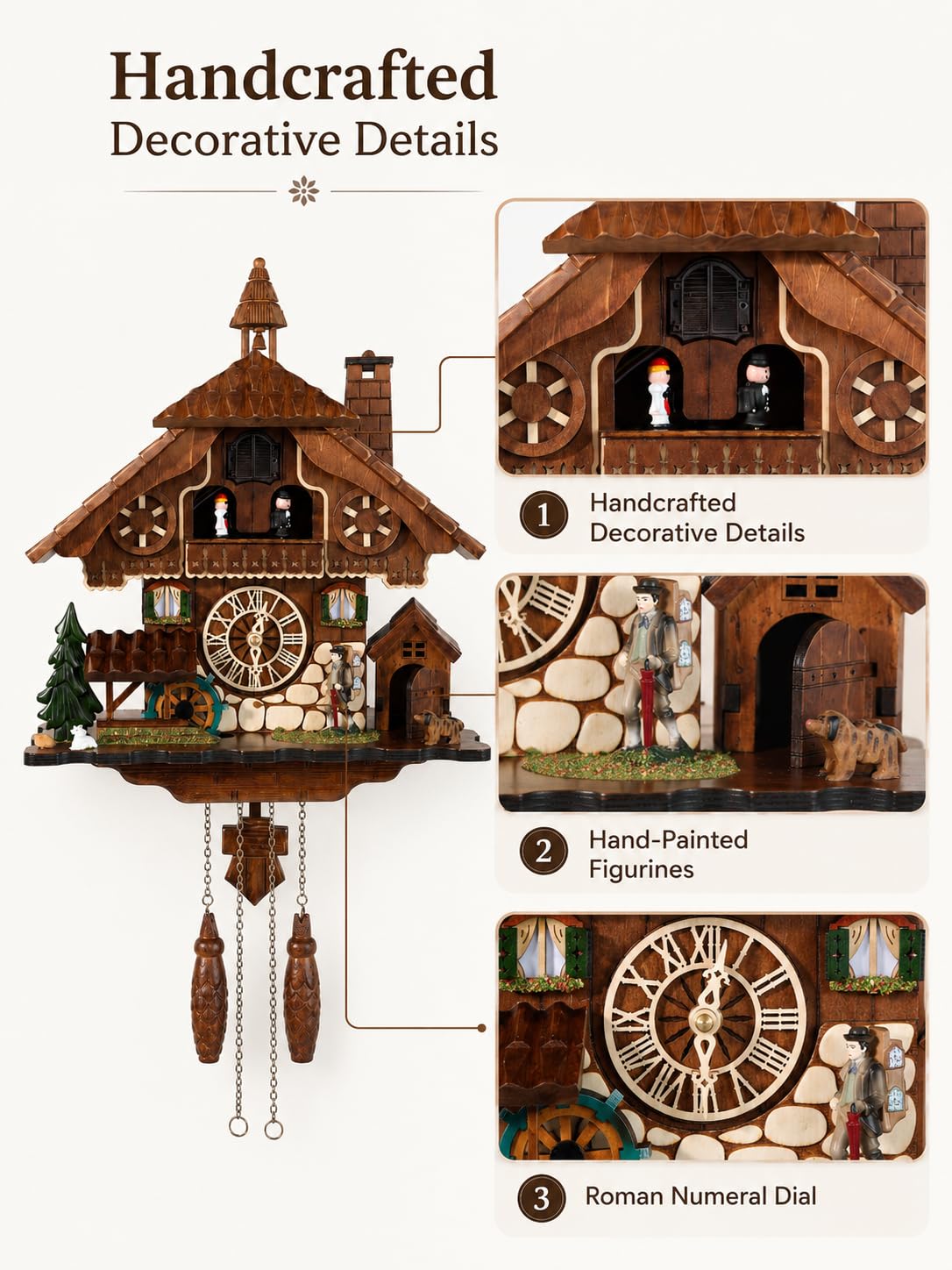 Cuckoopro Cuckoo Clock, Black Forest Style Wooden Pendulum Quartz Wall Clock, Volume Control, Night Silent, Gift Package, Professional Service