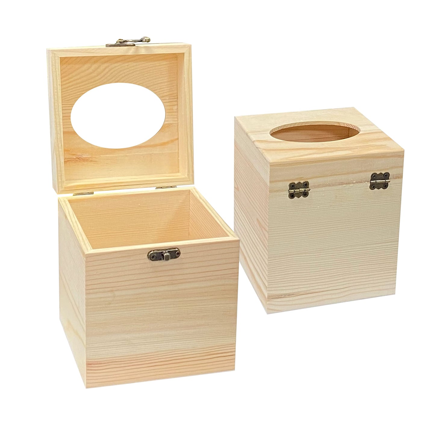 2 Pack Unfinished Wooden Tissue Box Cover for Crafts Oval Opening Solid Square Wood Tissue Holder for Home Decor (5.1x5.1x6 in)