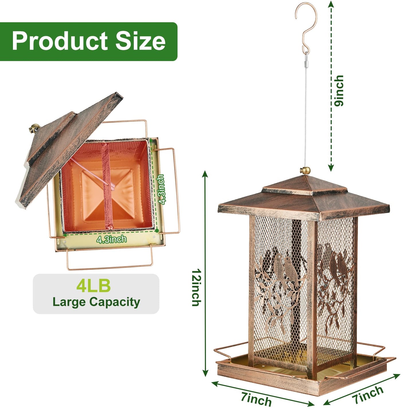 LBTING Bird Feeder for Outside, Metal Lantern-Shaped Bird Feeder, Wild Bird Feeders for Hanging Outdoor Garden Yard, Birds Pattern