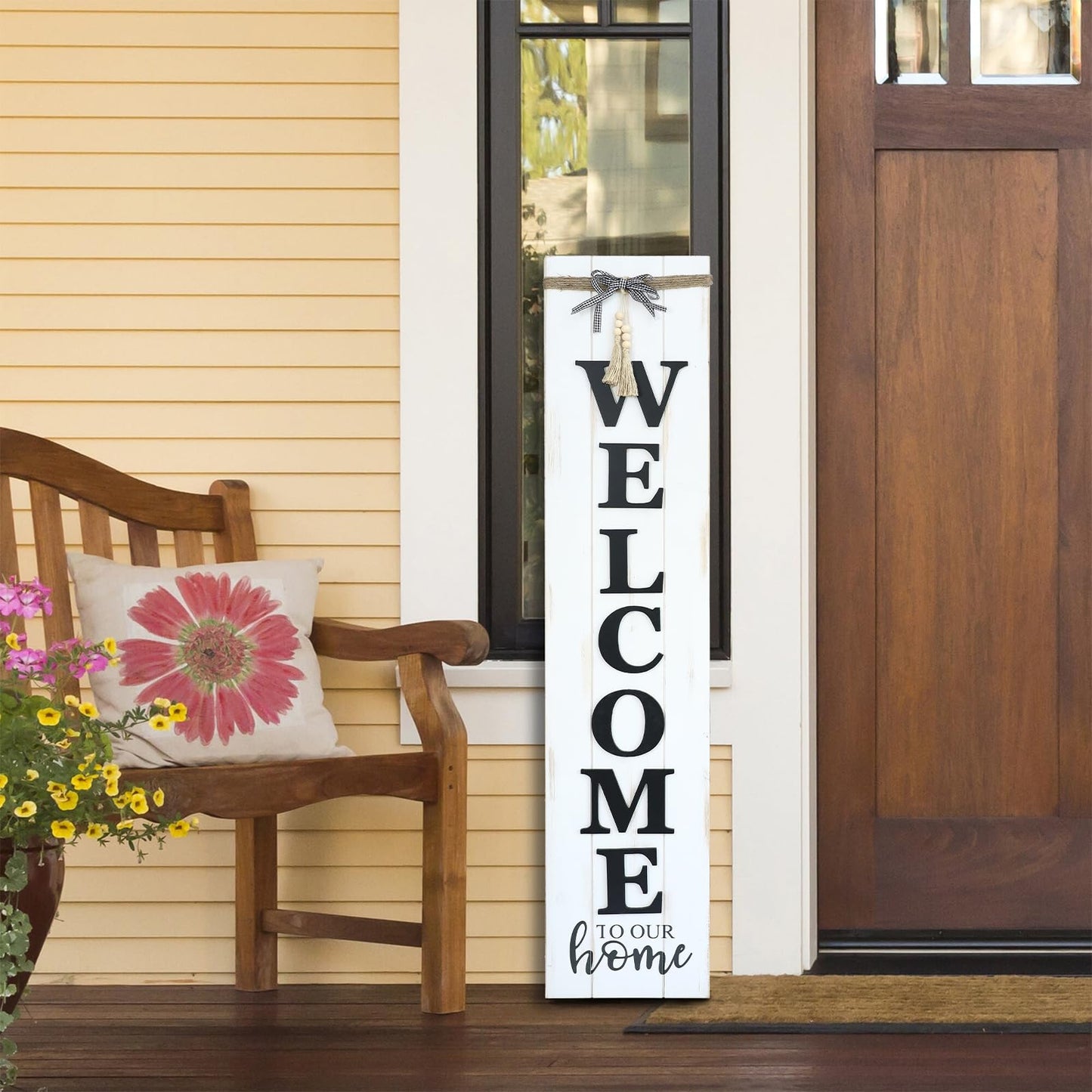 MODE HOME Large Vertical Welcome Sign for Front Door Porch, 47x10 Inch Solid Wood Farmhouse Porch Decor, 3D Raised Letters Rustic Welcome to Our Home Sign with Beads & Bow, No Assembly Required, Whitewashed