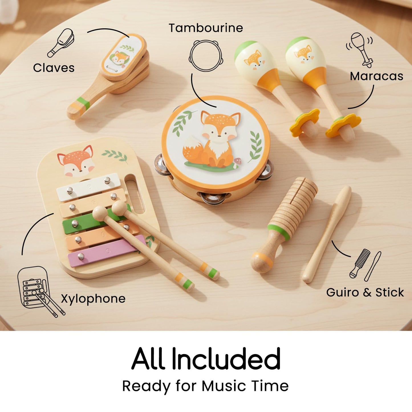 Wooden Musical Instruments Set for Toddlers, Natural Wood Percussion Instruments Xylophone Gift Set for Girls Boys Kids ,Preschool Educational Musical Toys with Storage Bag (Orange Set)