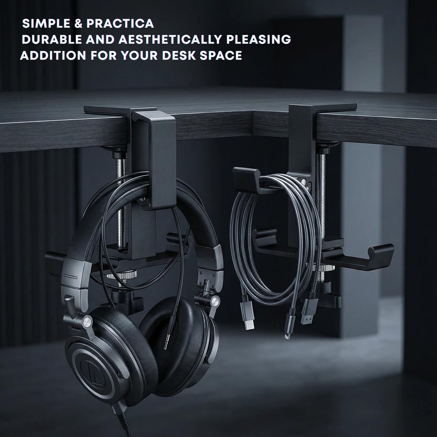 JAKO Headphone Stand for Desk, 3 Hooks Aluminum Alloy Headphone Holder (1 Foldable+2 Fixed) Space Saving Headset Stand Hook, Universal Fit PC Gaming Headsets Holder Desk Clamp for Office/Game Table