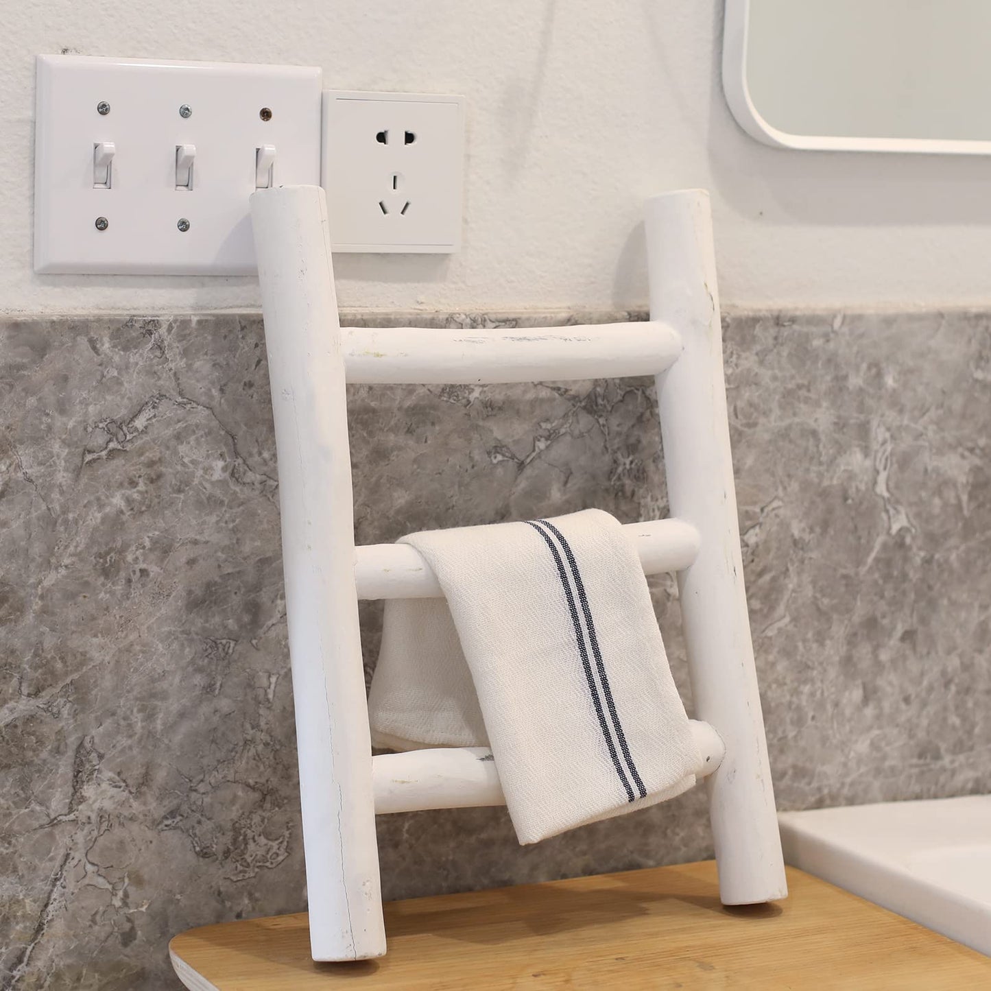 Rustic Farmhouse Blanket Ladder and Mini Countertop Towel Ladder Set, Fully Assembled Wood Decor for Home Storage and Display, White