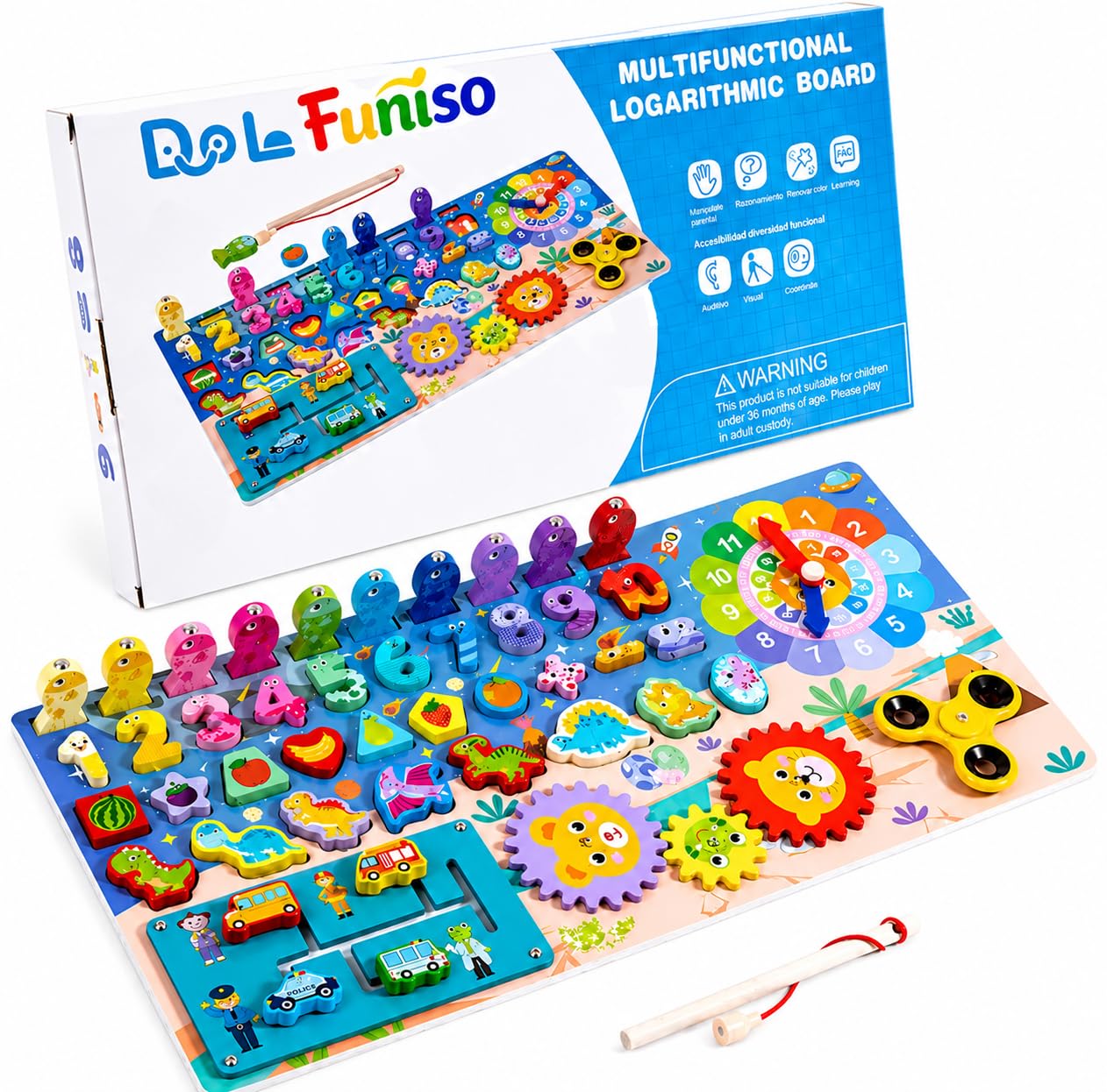 Funiso Montessori Wooden Busy Board Toys for 3+ Boys & Girls, Educational Learning Toy, Number Puzzle Board with Counting, Shapes & Magnetic Fishing Game, Preschool Toy Gift for Toddlers Kids.