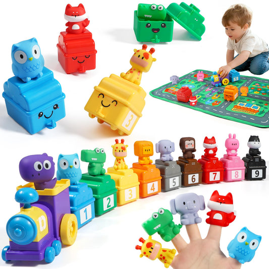 URMYWO Learning Toys for 1 2 3 Years Old Boy Girl, Toddler Montessori Toys, Train Set with 10 Finger Puppets & Play Mat, Counting Matching & Sorting, Toddler Birthday Gift