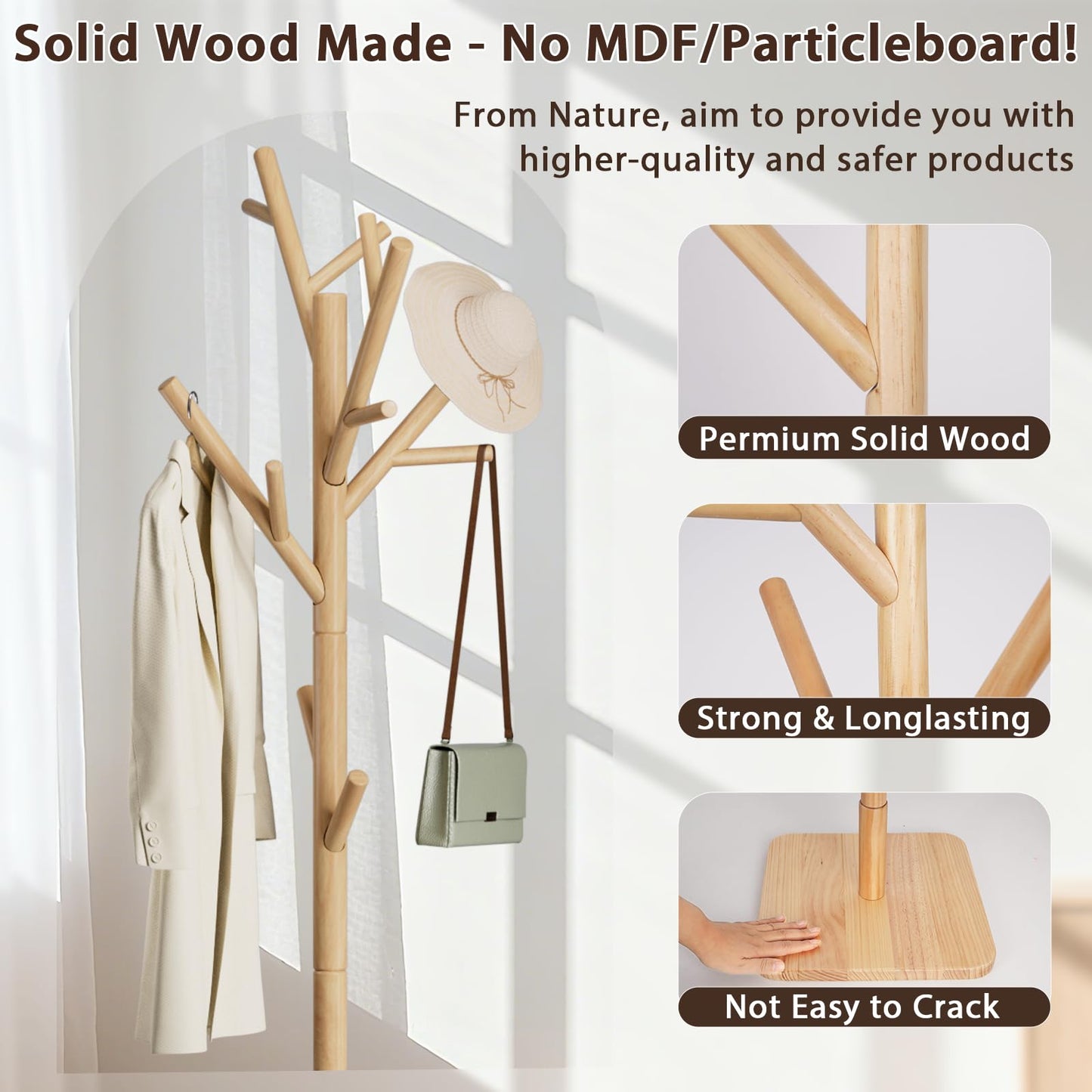 Solid Wood Coat Rack - Freestanding Coat Hat Rack Stand with 14 Hooks, Clothes Rack Heavy Duty Space Saving Entryway Coat Tree Hanger Rack for Coats Jackets Hats Bags, Adjustable Height (Natural)