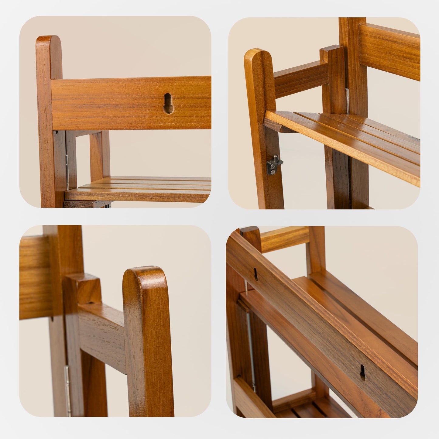 VaeFae Teak Wood Floating Shelves Bathroom, Foldable Wooden Rack Wall Mount, 2 Shelves