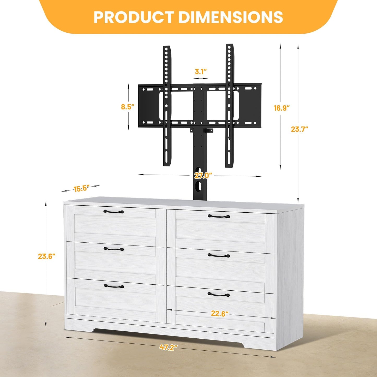 GAOMON 6 Drawer Dresser for Bedroom, White TV Stand with Height Adjustable Mount for Living Room Fit 32/55/65/75/80 Inch TVs, Farmhouse Entertainment Center as Wooden Media Console Tables