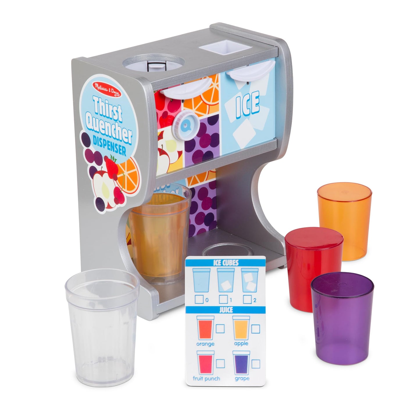 Melissa & Doug Thirst Quencher Wooden Drink Dispenser with Juice Inserts, Ice Cubes & Play Kitchen Accessories, Preschool Learning Toys for Girls & Boys 3+ - FSC Certified