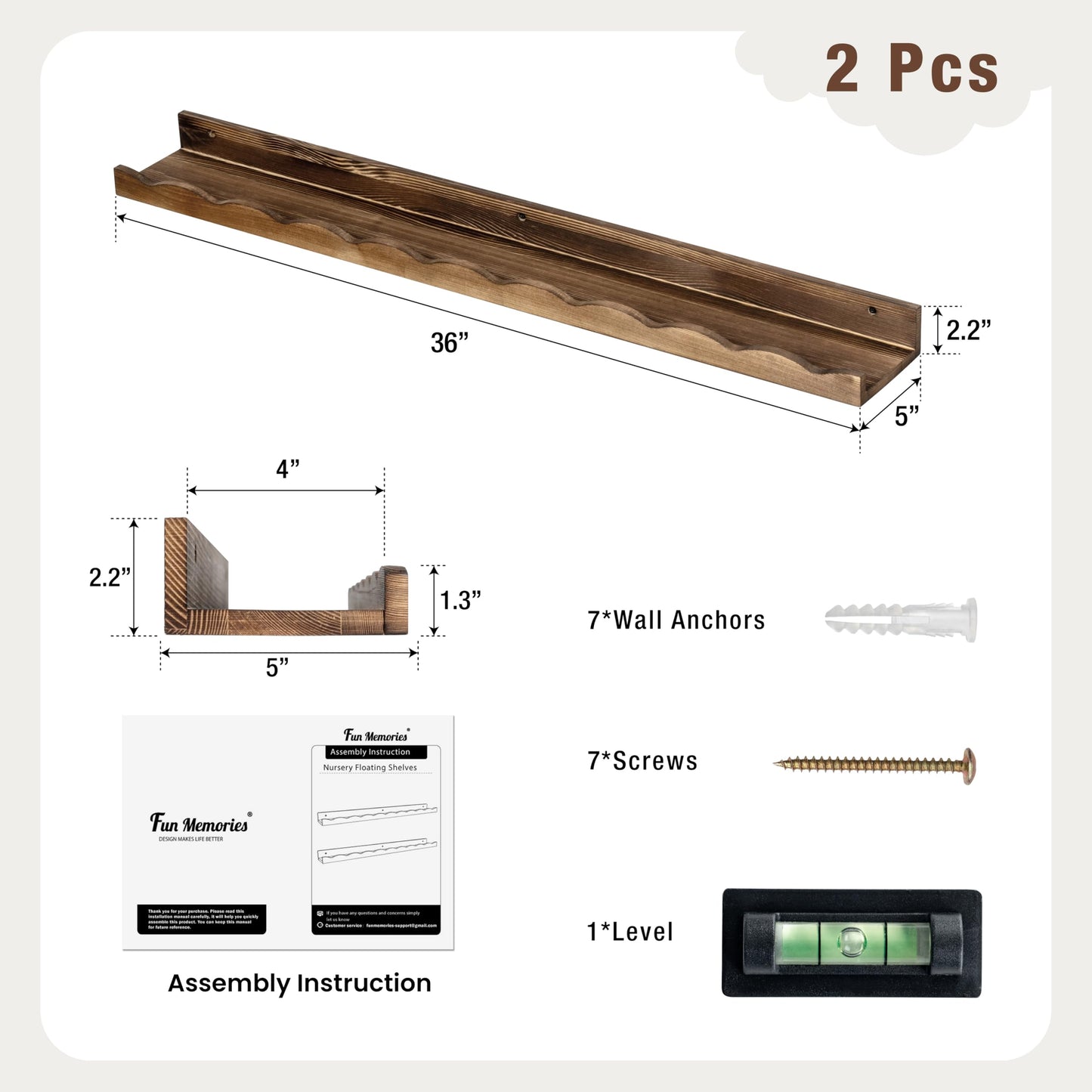 Fun Memories Picture Ledge Shelf for Wall, 36 inch Pine Wood Nursery Book Shelves Set of 2- Wall Book Shelves for Kids Room, Home Decor - Kitchen Spice-Carbonized