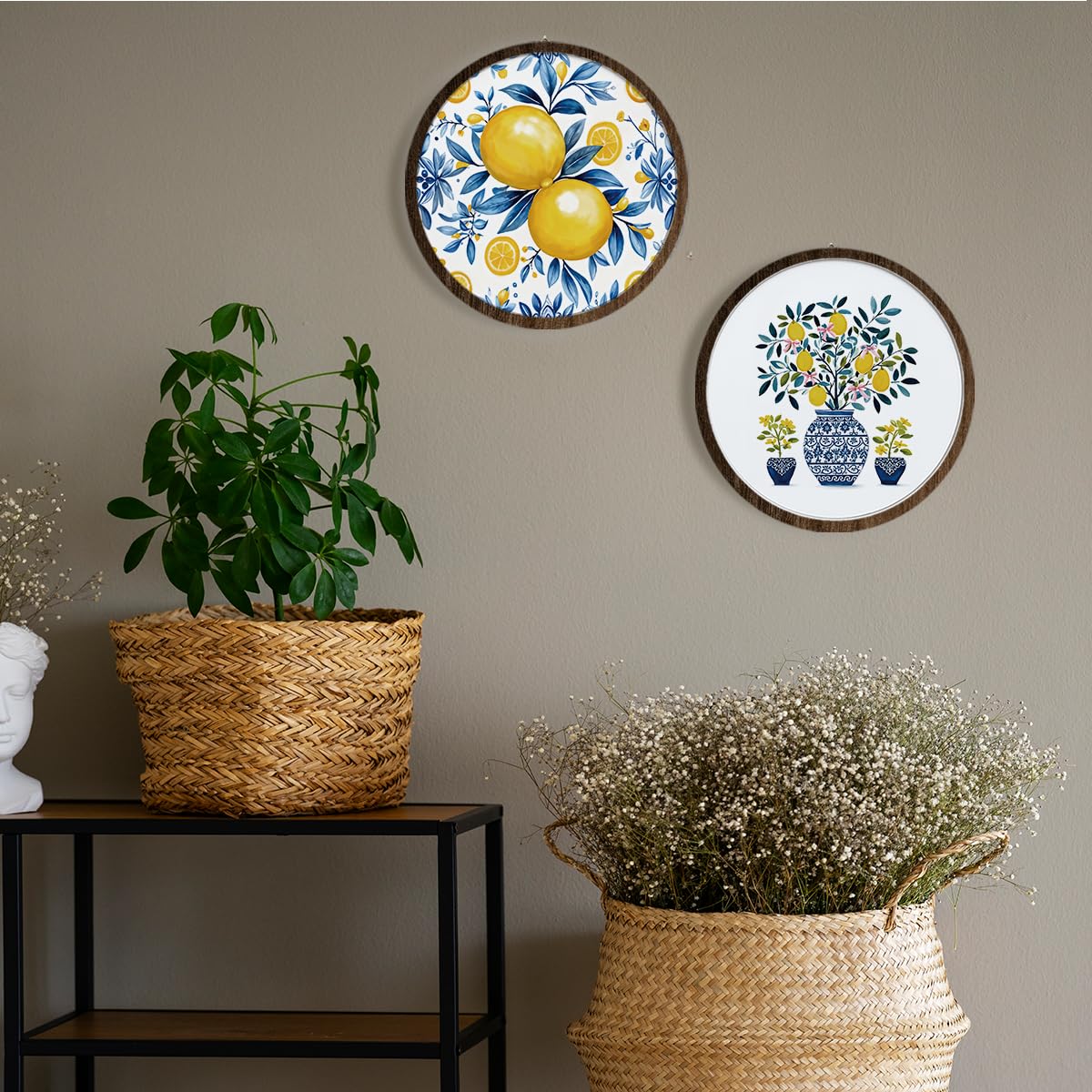 BIWSHA Italian Lemon Amalfi Coast Wall Art Decor, Mediterranean Lemon Botanical Coastal Beach Round Wooden Wall Hanging Decor for Kitchen Home Bedroom Living Room, 10 Inch Diameter Set of 4