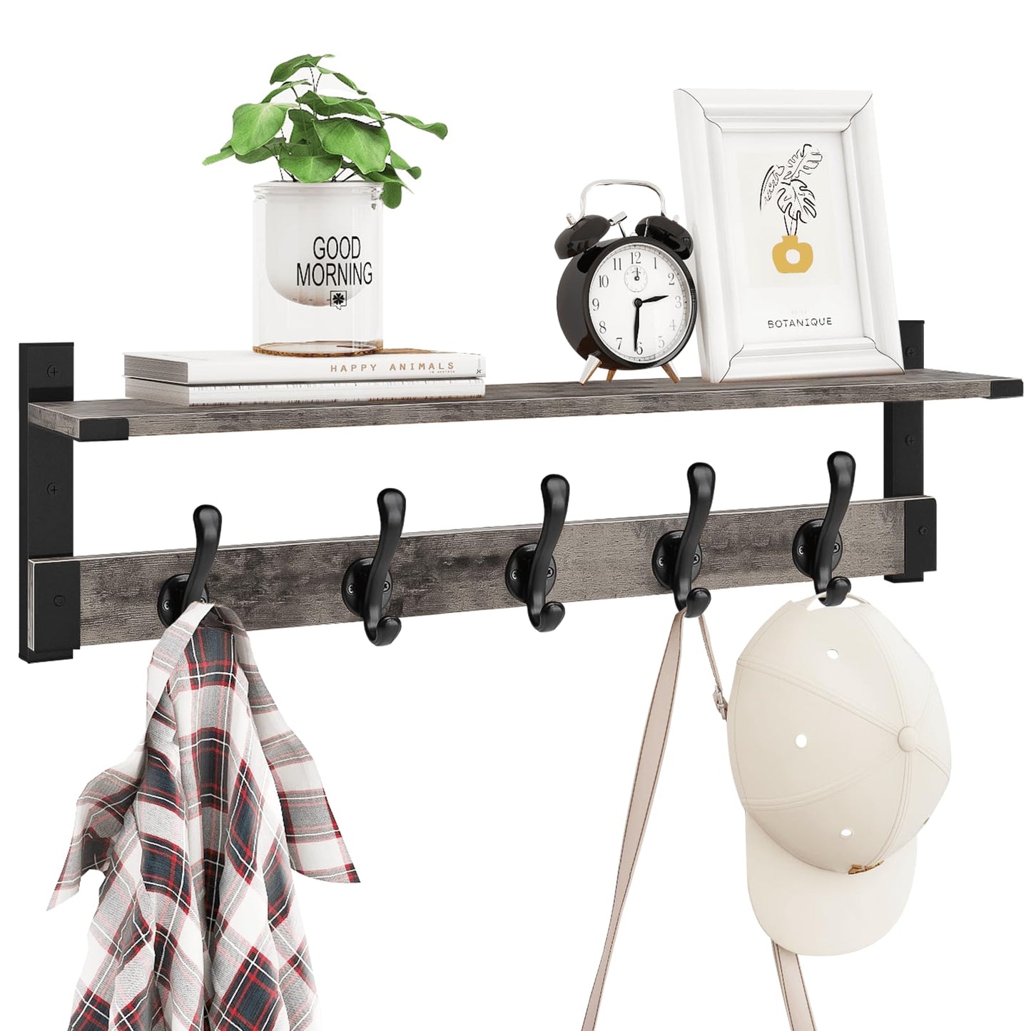 Homode Coat Rack Wall Mount with Shelf, 29 Inch Wood Wall Shelf with Hooks, Entryway Coat Hanger Wall Mount with 5 Hangers for Bathroom, Bedroom, Living Room, Grey