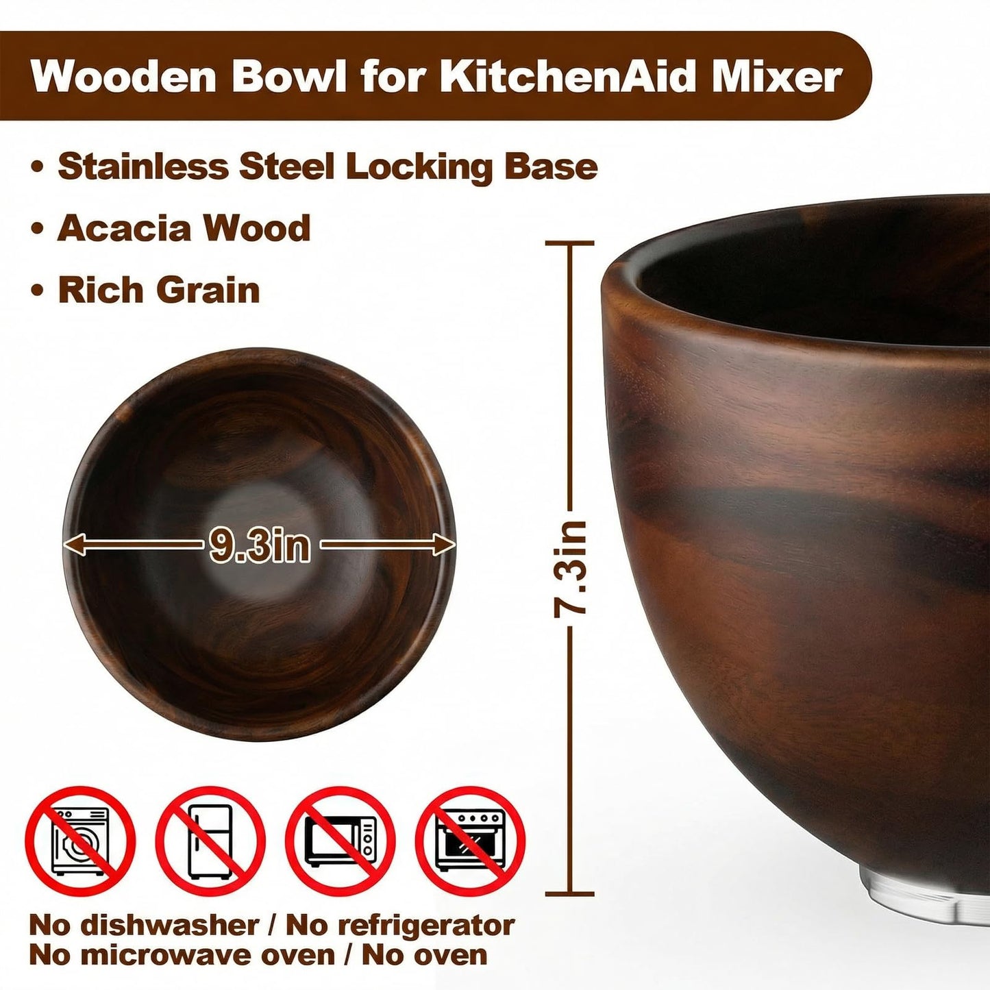 Cofun Premium Wood Mixing Bowl, Compatible with 4.5-5 Qt Tilt-Head Stand Mixers, Natural True Wooden Bowls, 5 Qt Kitchen Aid Bowls for Mixer with Stainless Steel Locking Base