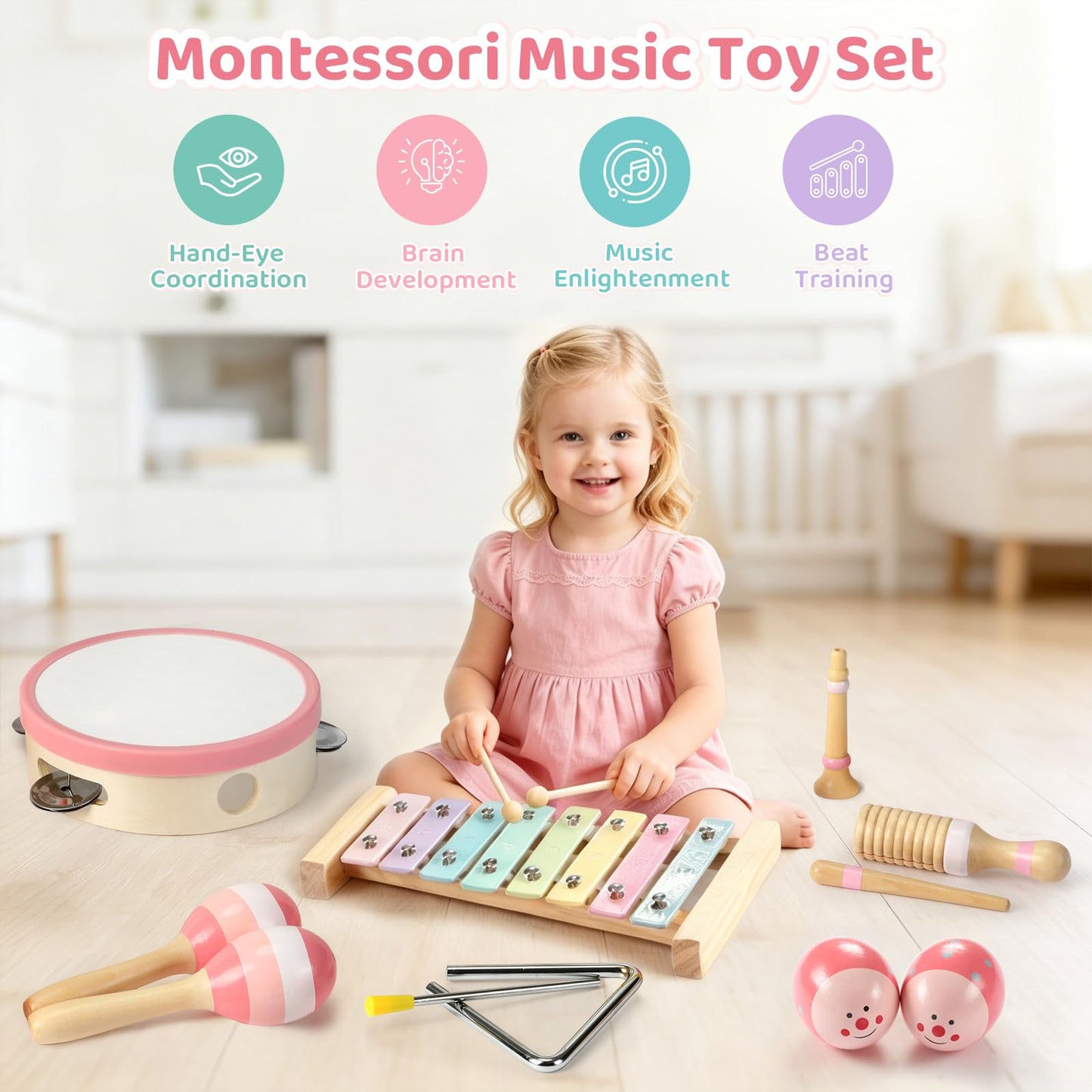 JOLLITO 9-Piece Kids Musical Instrument Set, Wooden Montessori Percussion Toys for Toddlers 1-3, Macaron Pastel Colors Xylophone Tambourine Maracas with Storage Bag, Preschool Educational Gift