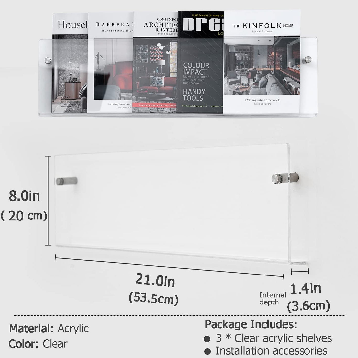 XOHYW Clear Acrylic Brochure Holder Wall Mount 3 Tier, Hanging Bookshelf Magazine Rack Literature Storage Rack for Waiting Room, Living Room, Office, Home Display