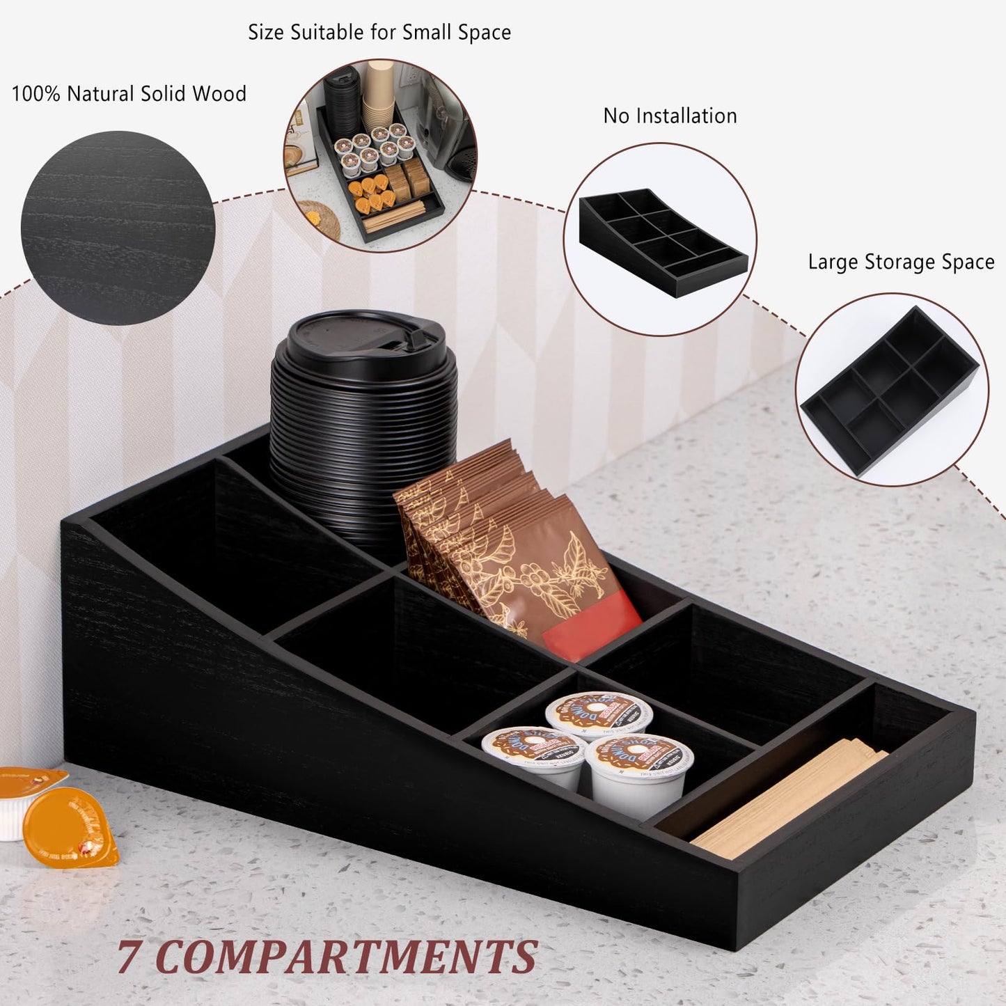 ANBOXIT Coffee Station Organizer for Countertop, Condiment Storage Caddy, Coffee Bar Supplies Organizer for Home, Office and Breakroom - Wooden, Black, 7 Compartment