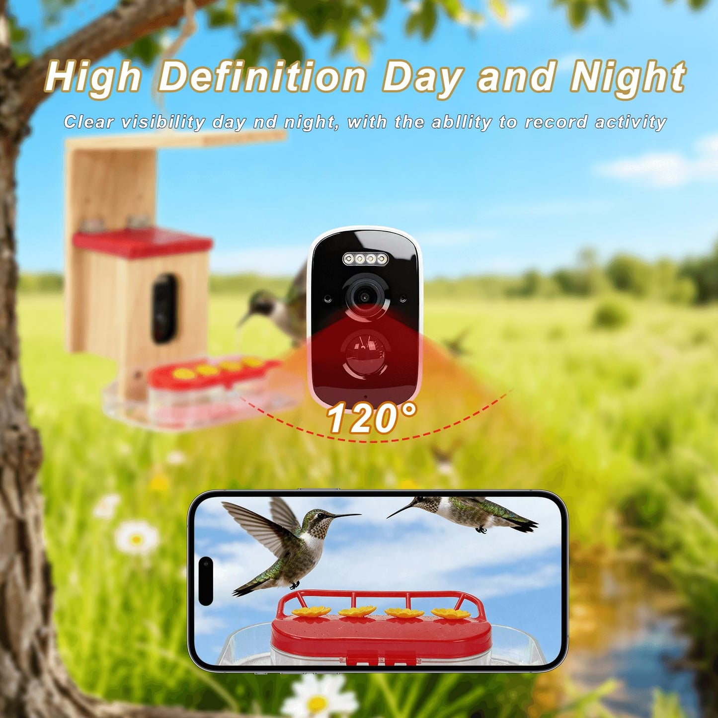 Hummingbird Feeder with Camera Solar Powered, Outdoor Hanging Wooden Smart Hummingbird Feeder, Real-Time View & Motion Detection, for Garden for 2.4g WiFi Coverage Area, for Bird Lovers
