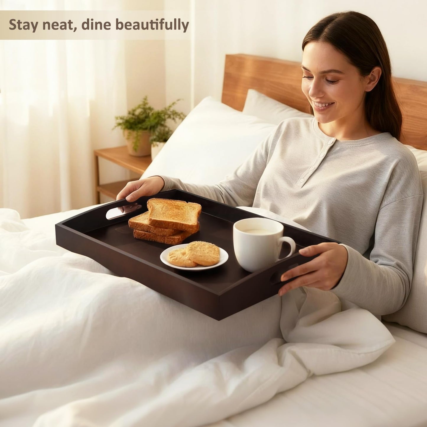 Bamboo Serving Trays with Handles, Set of 2 for Food & Coffee, Dark Brown