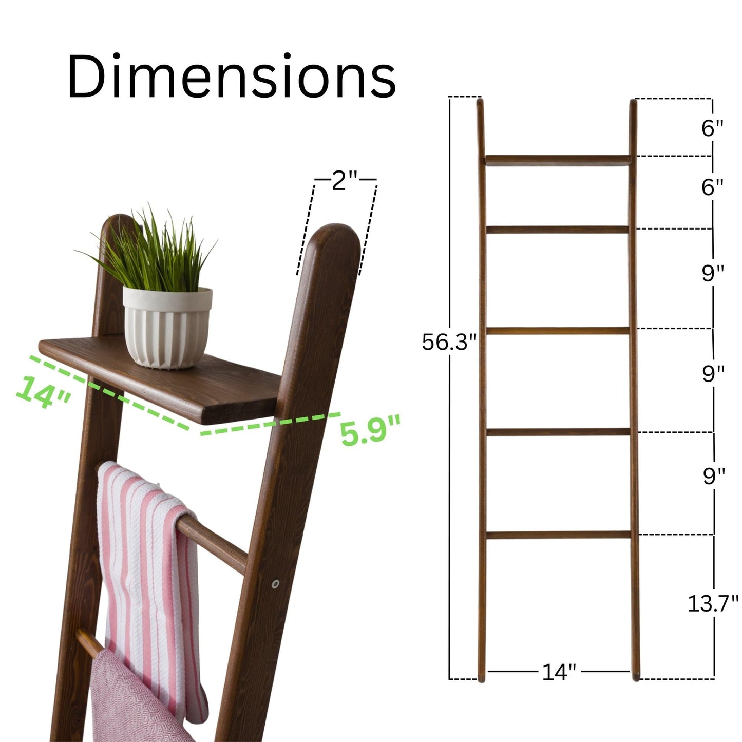 FURNIREM Solid Pine Wood Blanket Ladder for Living Room Bathroom Organizer Shelves, 7-Tier 5-Tier Freestanding Shelf, Freestanding Towel Rack Extra Storage, Wall-Leaning (Walnut, Medium)
