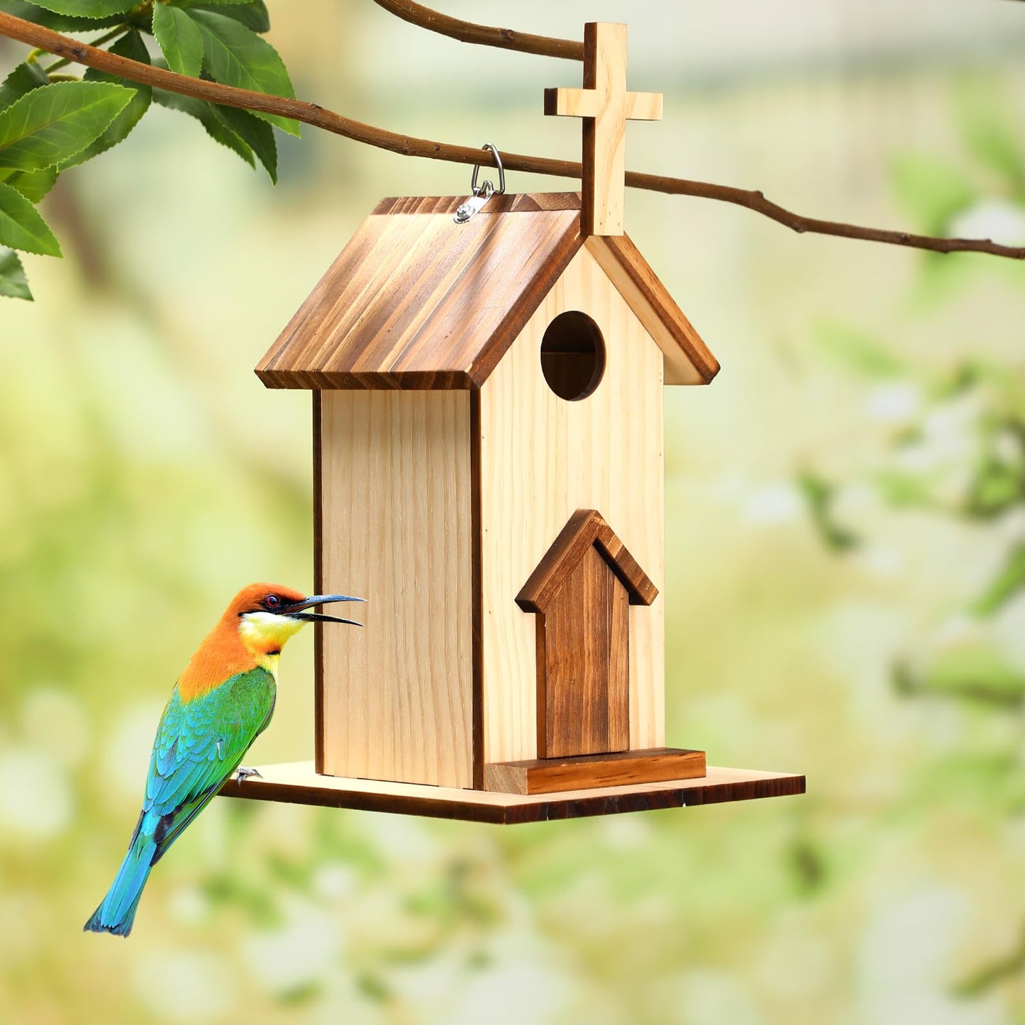 Leinuosen 2 Pcs Birdhouse Outdoor Hanging Wooden Church Birdhouse Cross Design 12" H Small Bird Houses Religious Bluebird Hummingbird Nesting Boxes for Outside Spring Easter Baptisms Garden Decoration