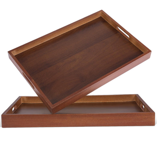 HANLANXUE 2 Pcs 17 Inch Acacia Wood Serving Trays with Handles, Large Wooden Tray Platter for Ottoman, Breakfast in Bed, Coffee Table, Decorative Rectangular Tray for Living Room Bedroom Kitchen