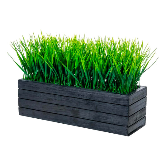 MyGift 14 Inch Artificial Green Grass Plant in Vintage Black Wood Planter Window Box, Faux Greenery in Decorative Rectangular Crate Style Wooden Container