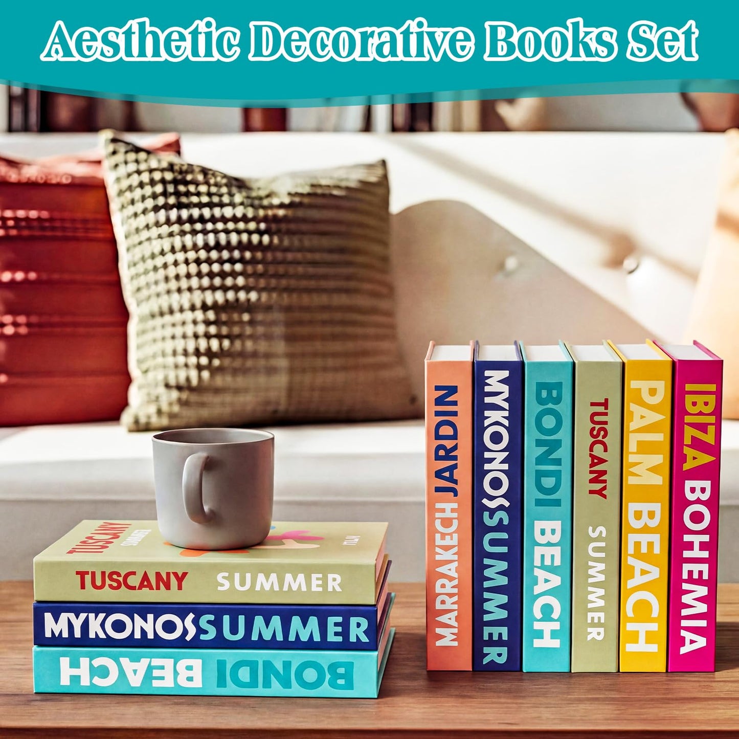 Leinuosen Set of 6 Decorative Books for Home Decor, Fake Books Stack with Wooden Beaded Garland Tassel for Coffee Table Bookshelf Mantel Hidden Storage Boxes Modern Home Decor(Travel)
