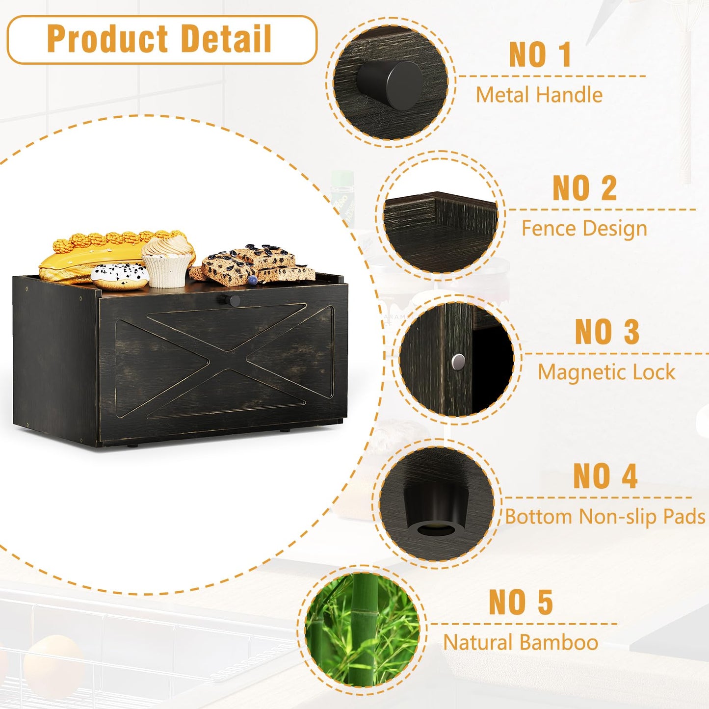 Trironsun Bamboo Bread Box for Kitchen Counter Farmhouse Bread Storage Container Large Capacity Bread Storage Bin Bread Holder (Antique Back)