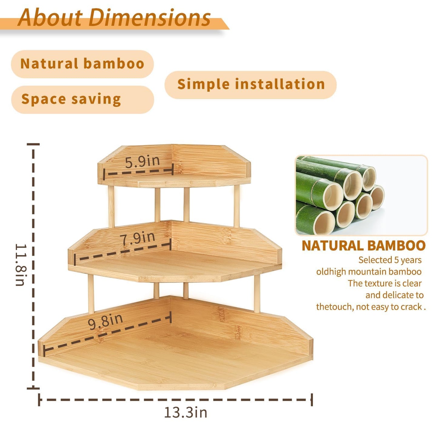 HYNAWIN Bamboo Corner Desk Organizer Shelf, 3-Tier Triangle Storage Rack for Office & Home, Space-Saving Desktop Shelf for Books, Stationery, Makeup, Small Items