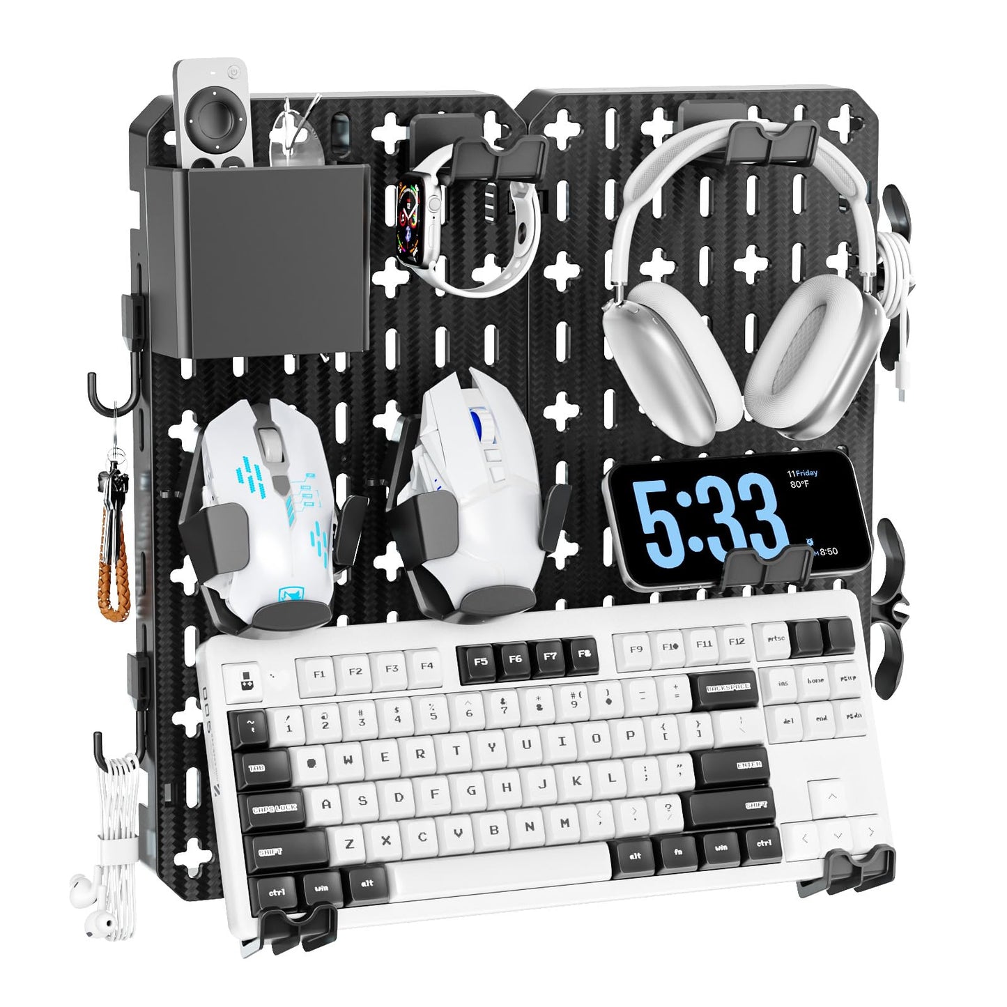 KDD Keyboard and Mouse Display Stand Holder, Wall Mount Office Organization Pegboard Combination Kit with Pen holder, Hooks, Headset & Controller Stand for Office & Home Hanging Organizer Storage