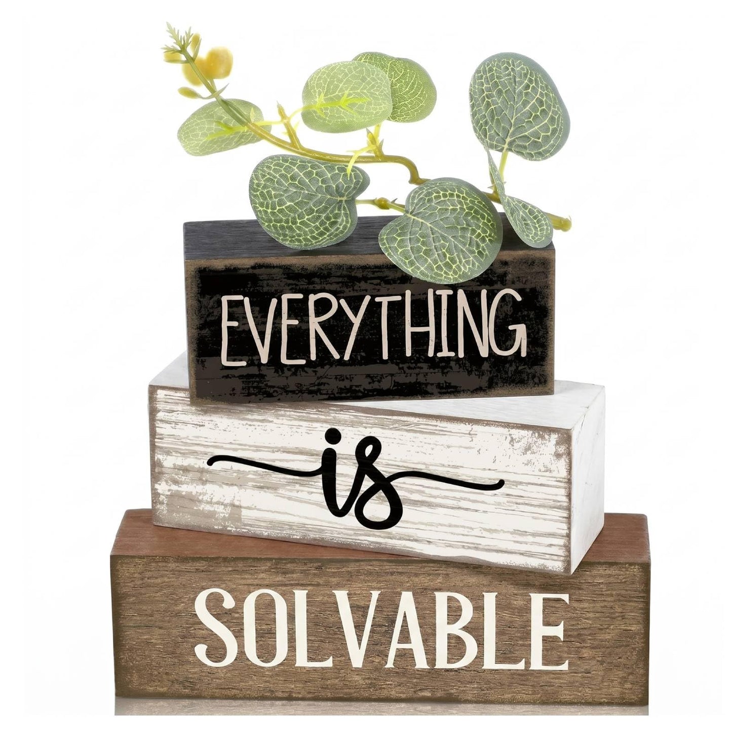 Lineshading 4 Pcs Inspirational Farmhouse Table Decor Rustic Wooden Stacked Block Signs with Inspirational Quote Artificial Eucalyptus Leaves Farmhouse Decoration for Home Office Shelf Gift