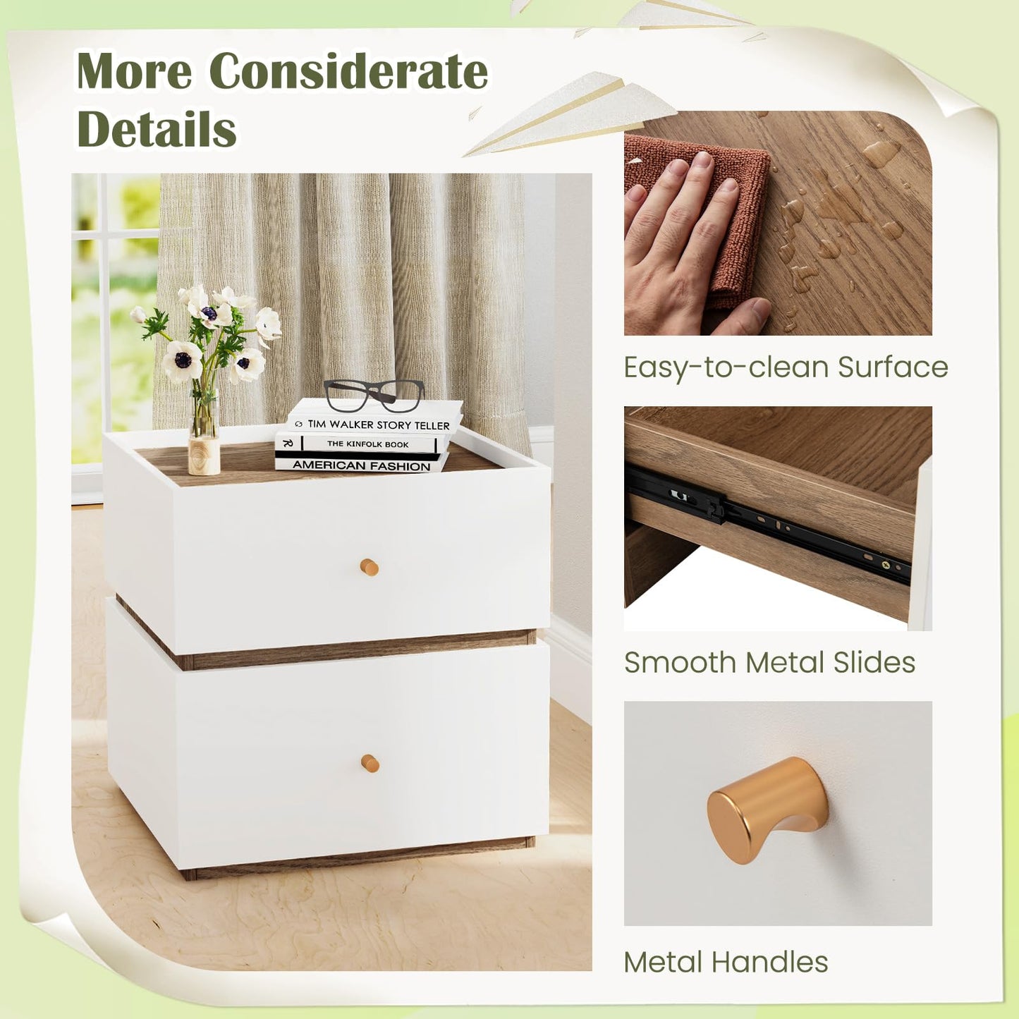 Giantex Modern Nightstand with 2 Storage Drawers, Wooden Night Stand with Raised Edge, Floor Sofa Side Table, 2-Drawer Bedside Table for Bedroom Small Spaces, 18" W x 15.5" D x 18" H, Natural & White