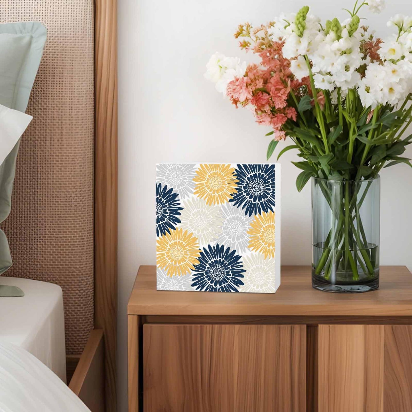 Navy Blue Gray Yellow Sunflowers Wood Box Sign Desk Decor, Abstract Blooming Floral Decorative Wooden Block Box Sign Decorations for Home Office Shelf Table Decor 6x6 Inches