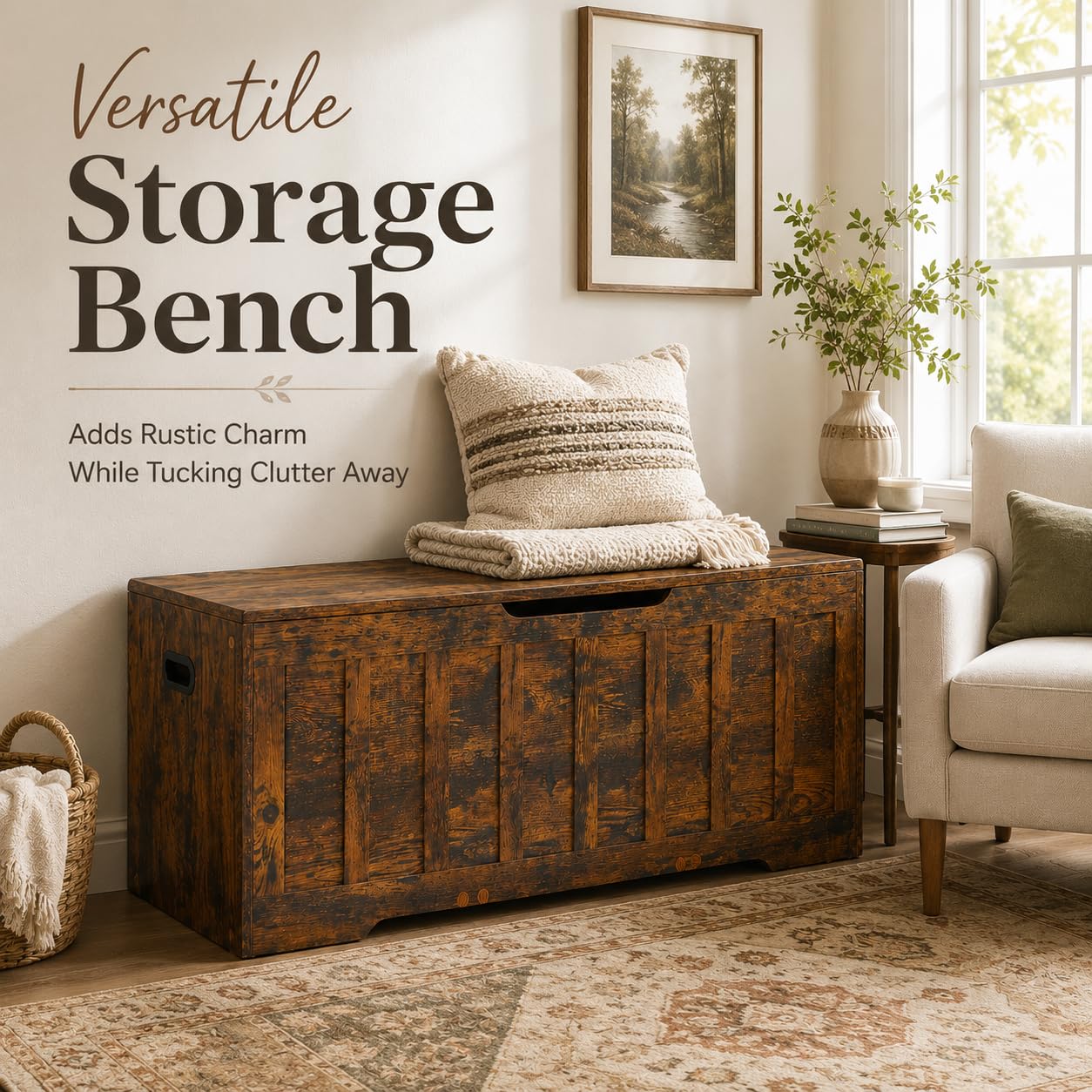 Simple Deluxe 47.2" Storage Chest for Bedroom, Extra Large Wooden Storage Trunk with 2 Safety Hinges, Entryway Storage Bench, Blanket Chest and Storage Benches for Living Room, Hallway, Brown