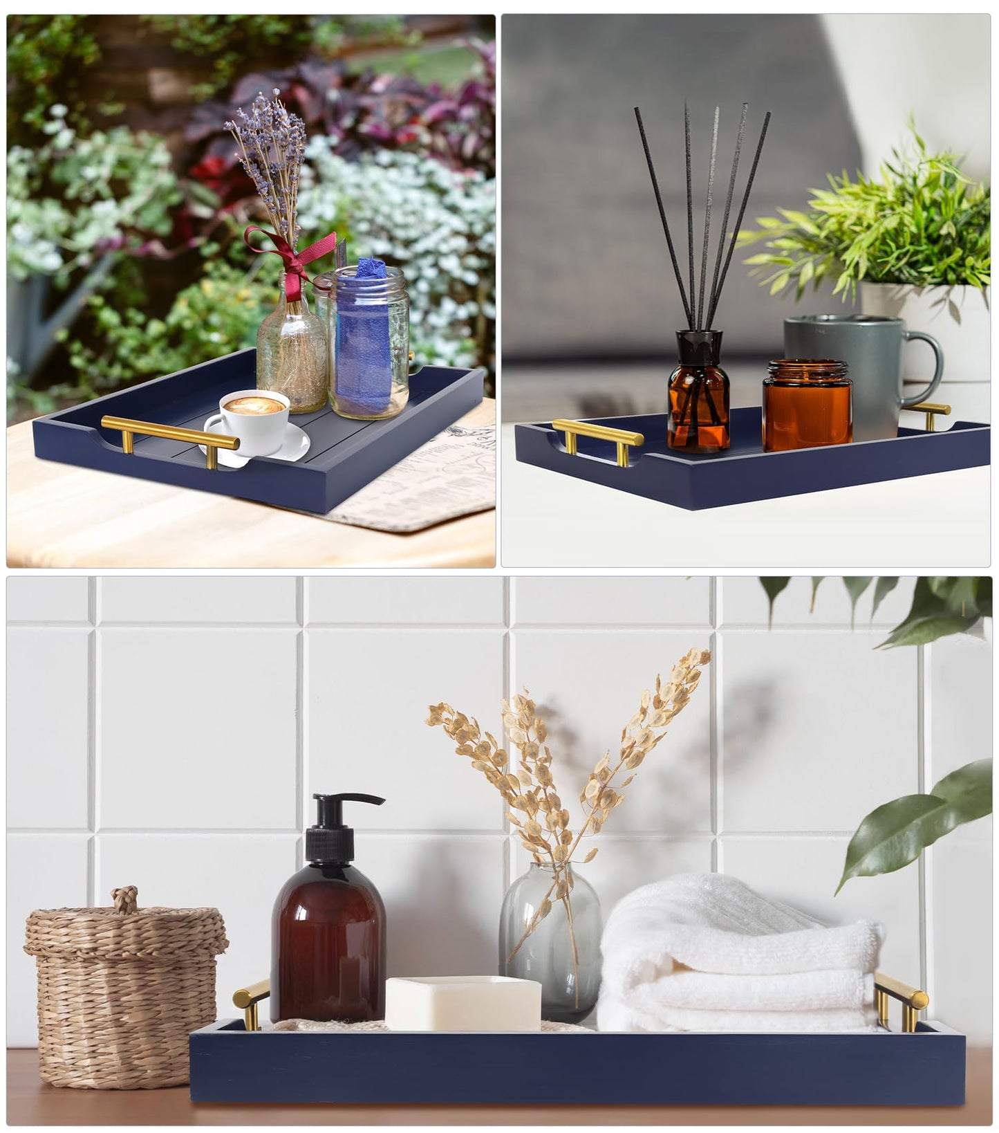 SXNOWS Coffee Table Tray - Large Ottoman Tray for Living Room - Wood Serving Tray with 2 Sets of Handles - Wooden Trays for Coffee Tables, 4 Round Coasters Included, Deep Blue