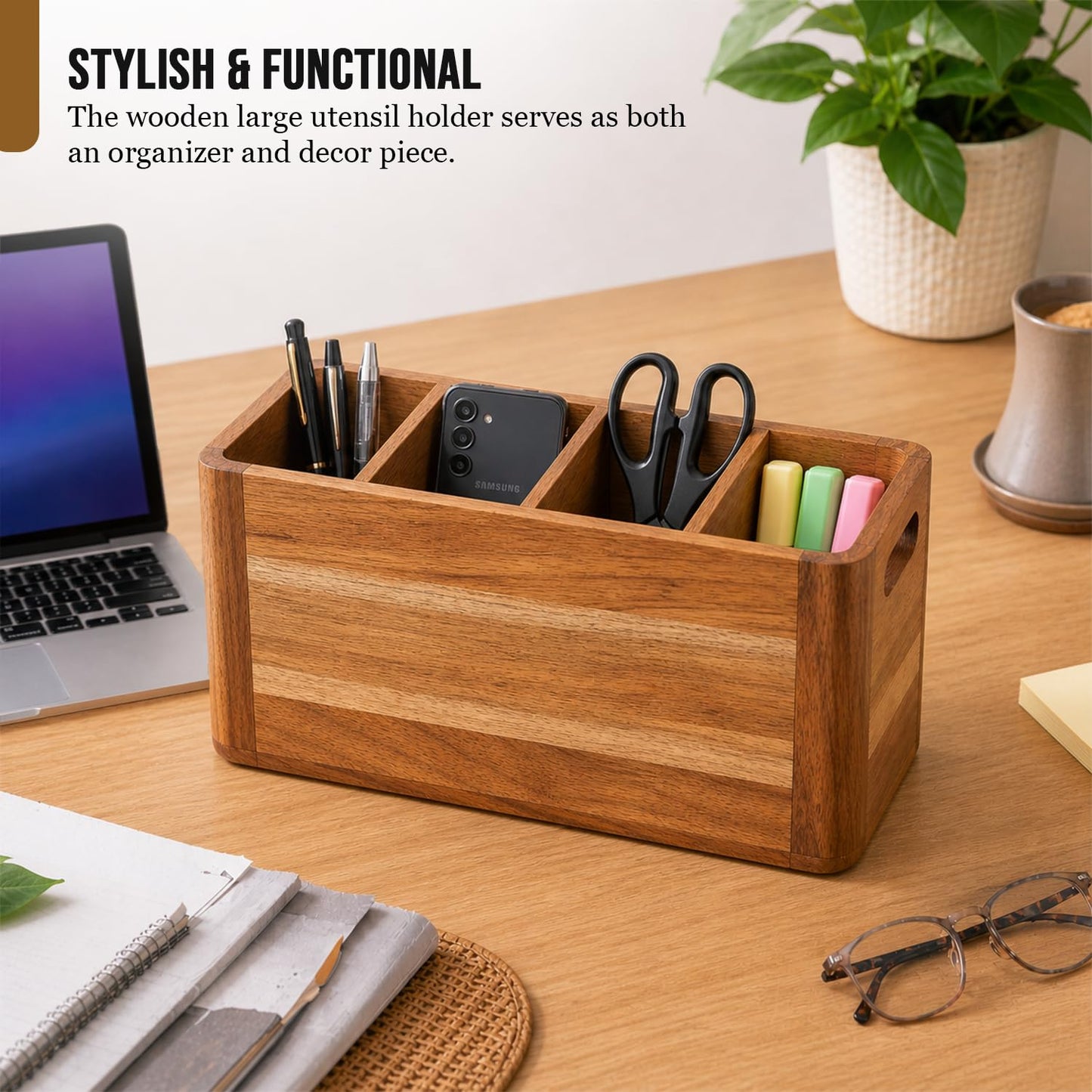 Paw-er Play Wooden Caddy Utensil Holder - Premium Acacia Wood Utensil Caddy with Sturdy Design for Easy Organization - Perfect Kitchen Utensil Organizer for Counters, Dining Tables, and Everyday Use