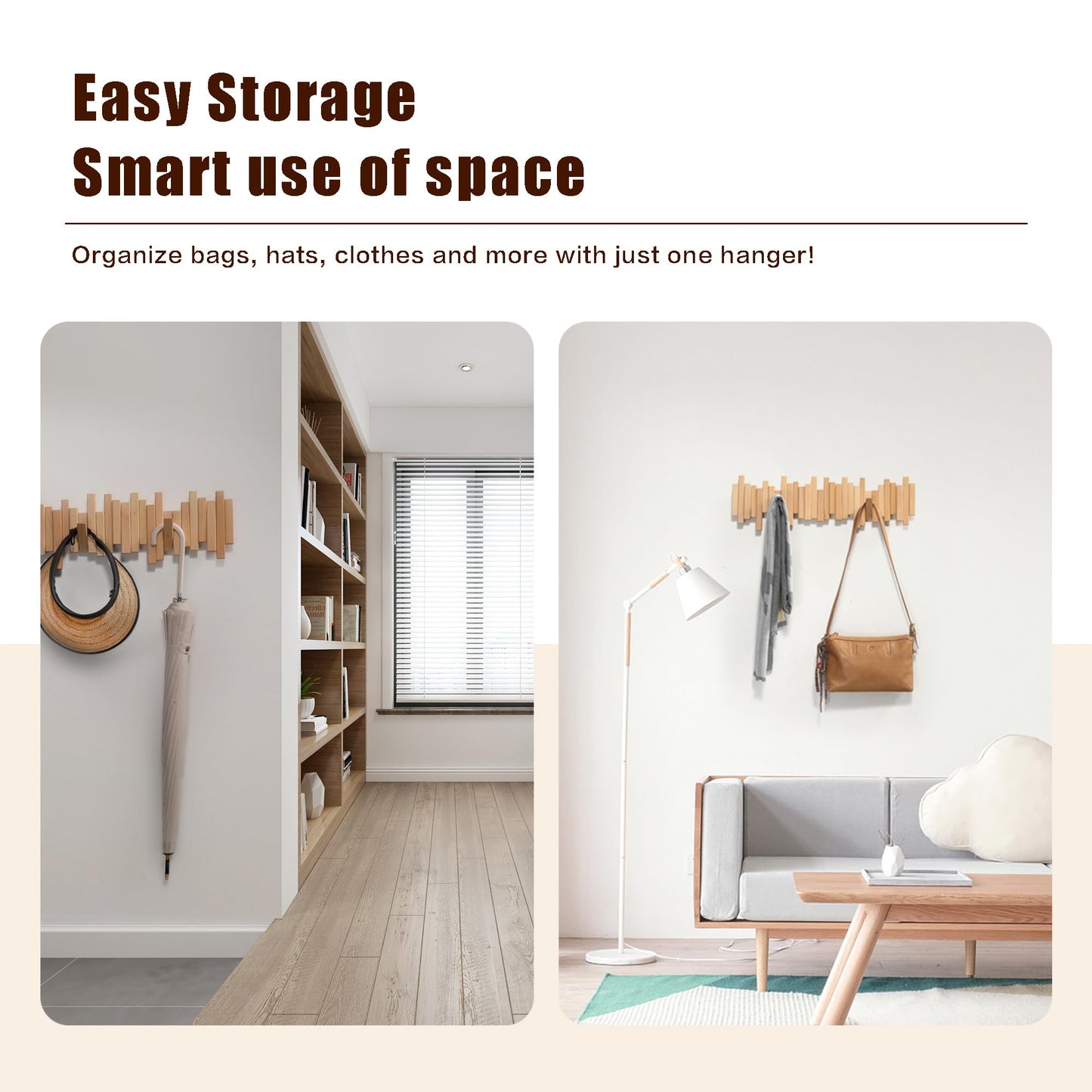 Acsigesn Wooden Coat Rack Wall Mounted Sticks Multi Rack Solid Handmade Natural Beech Wood Artwork with 5 Flip-Down Unique Modern Hooks for Coats Bag Hat Umbrella