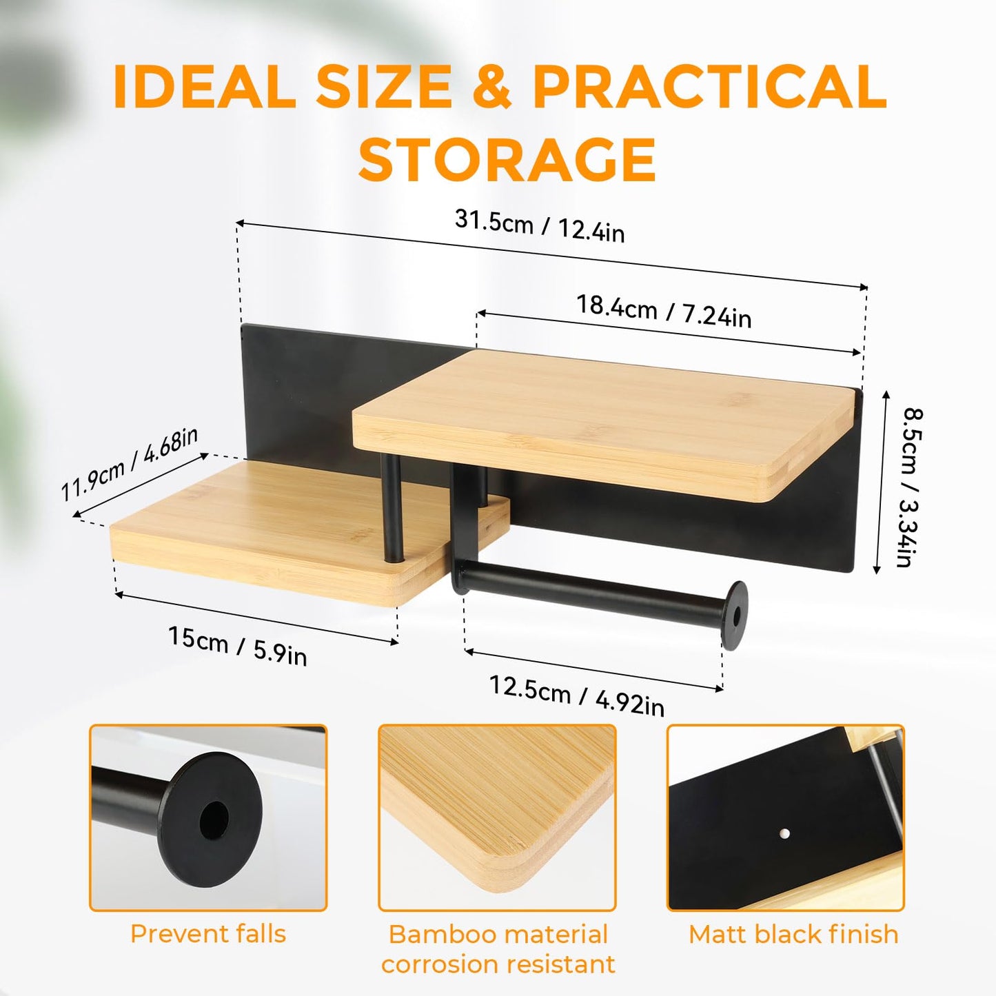 Toilet Paper Holder with Shelf, Wall Mount Toilet Paper Roll Holder with Wooden Shelf & Matte Black Stainless Steel Pipe, Bathroom Organizer for Roll Tissue, Phone, Wipes, Plant for Bathroom, Washroom