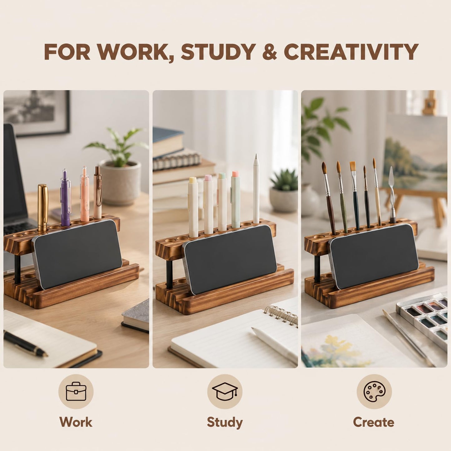 Tenceur 2 Pack Wooden Pen Holder for Desk Pencil Desk Organizer with Phone Stand and 9 Slot Dual Burned Charcoal Finish Display Stand for Fountain Pens Office and Home Stylish Office Table Decor