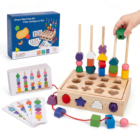 KIYOVELI 4 in 1 Montessori Wooden Shape Sorter Toy, Color Sorting Stacking Sequencing and Lacing Beads with Pattern Cards, Fine Motor Skills Learning Toy for Toddlers Preschool Boys Girls