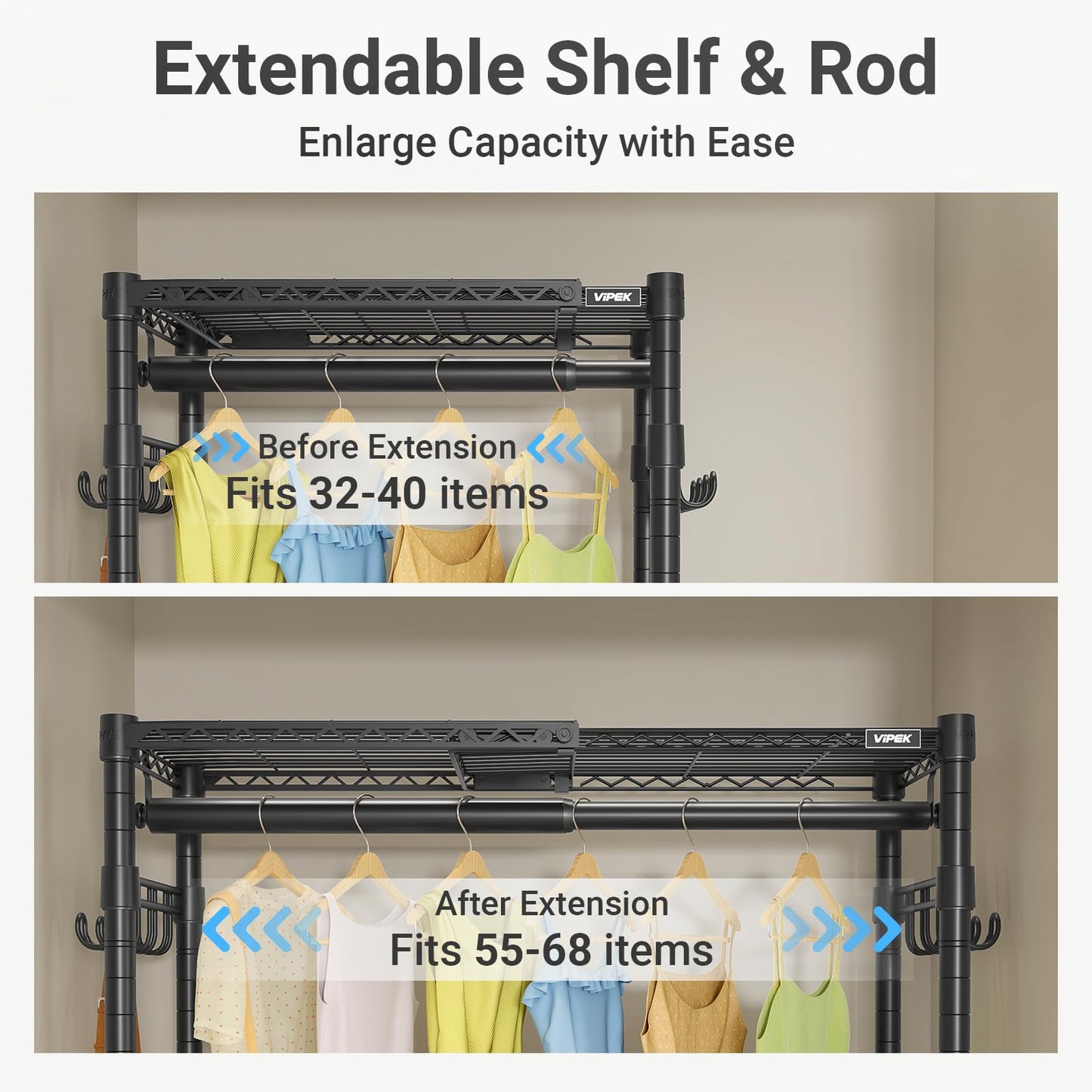 VIPEK R3X Expandable Clothes Rack with Lockable Wheels, 600 lbs Capacity Heavy Duty Rolling Garment Rack with Adjustable Width (2' to 3'5") Shelves, Space-Saving Storage Closet for Small Space (Black)
