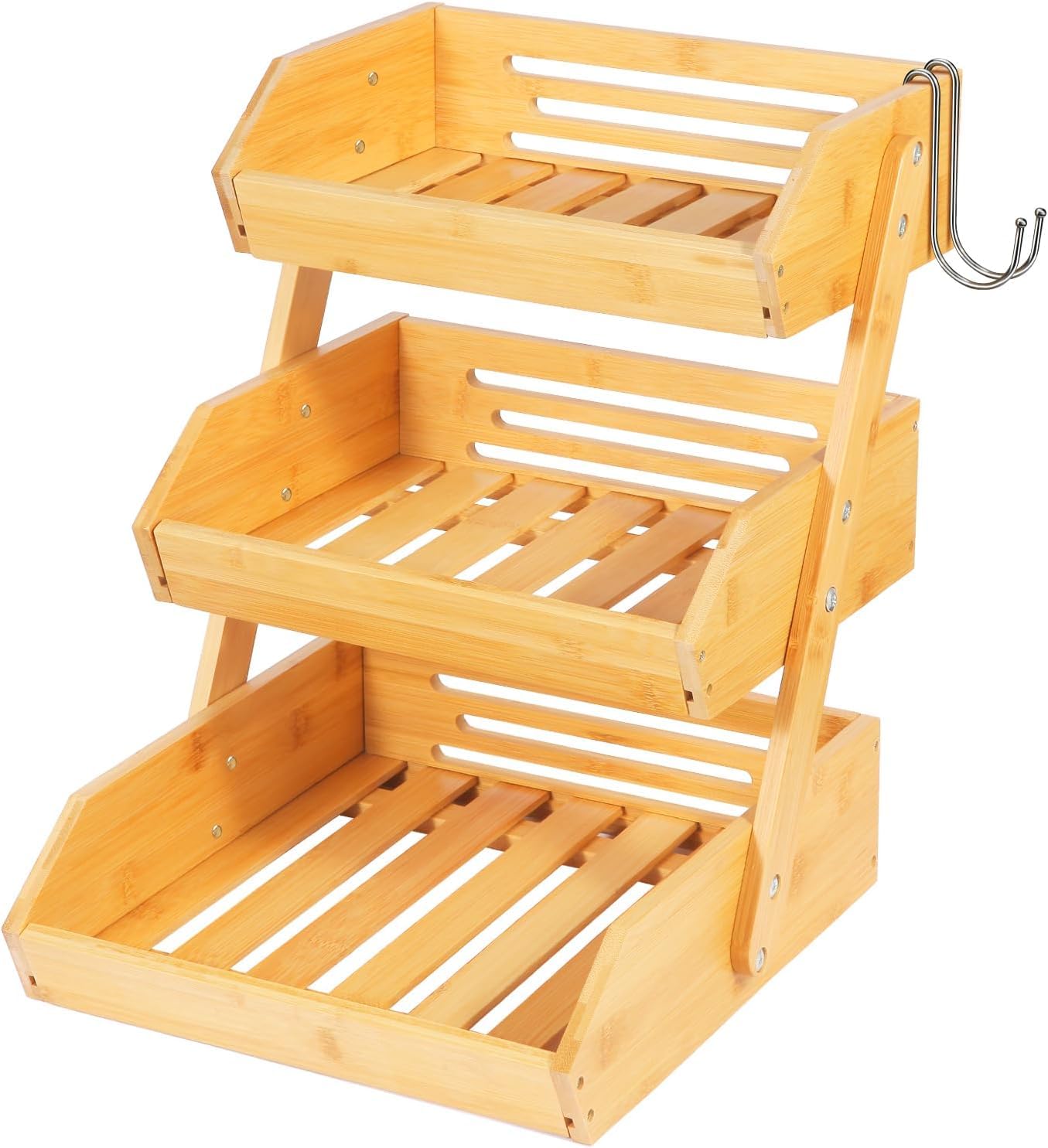 NadaKin Bamboo Fruit Basket 3 Tier for Kitchen Counter, Assemble Display Stand for Countertop with 2 Metal Hooks, Large Storage Organizer Produce Holder for Vegetables, Bread, Snacks
