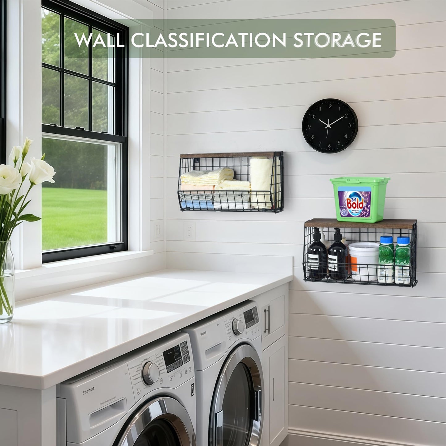 Wall Storage Hanging Baskets 2 PACK - Wooden Top Wire Basket Organizers & S Hooks - Assemble Floating Shelf Racks for Pantry Kitchen Office Bathroom Garage Organization (Extra Large)