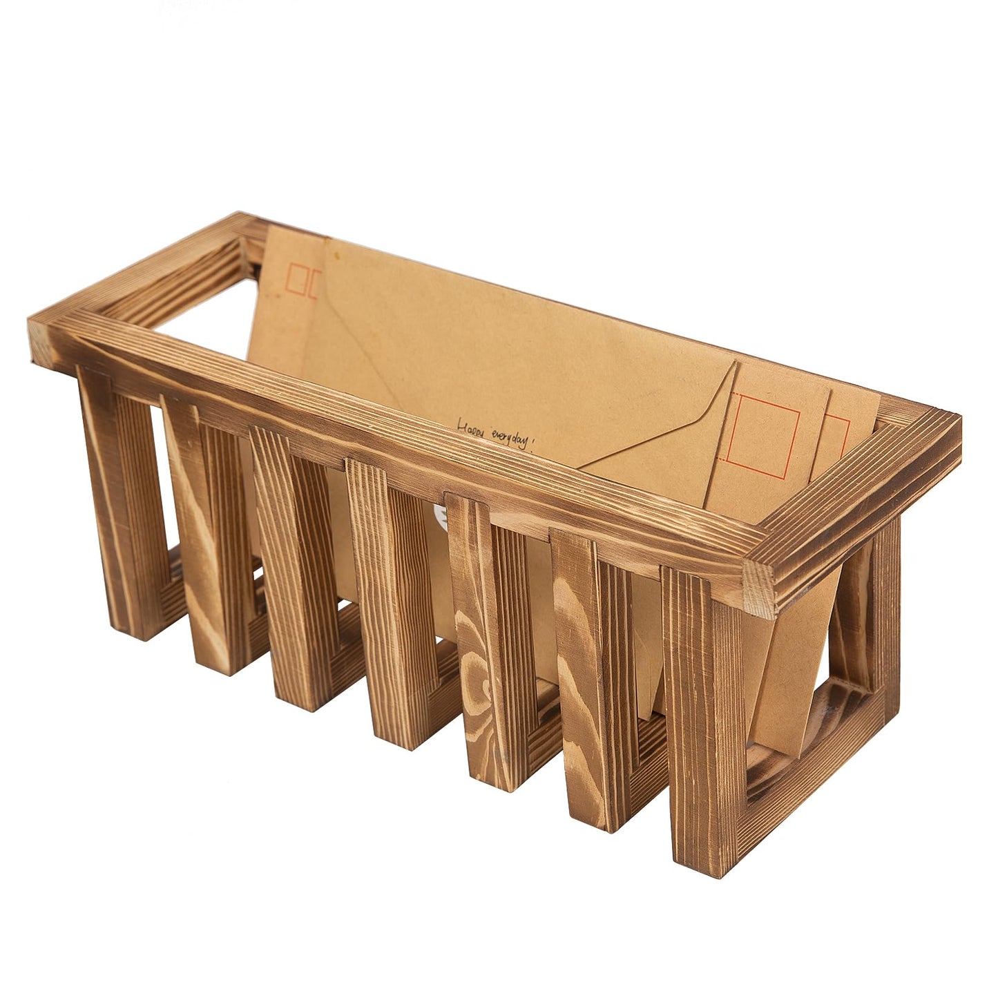 ExoLiry 11 Inch Premium Solid Acacia Wood Wall Mounted Mail Letter Holder Basket, Rustic Farmhouse Wooden Hanging Card Storage Rack, Home or Office Organizer