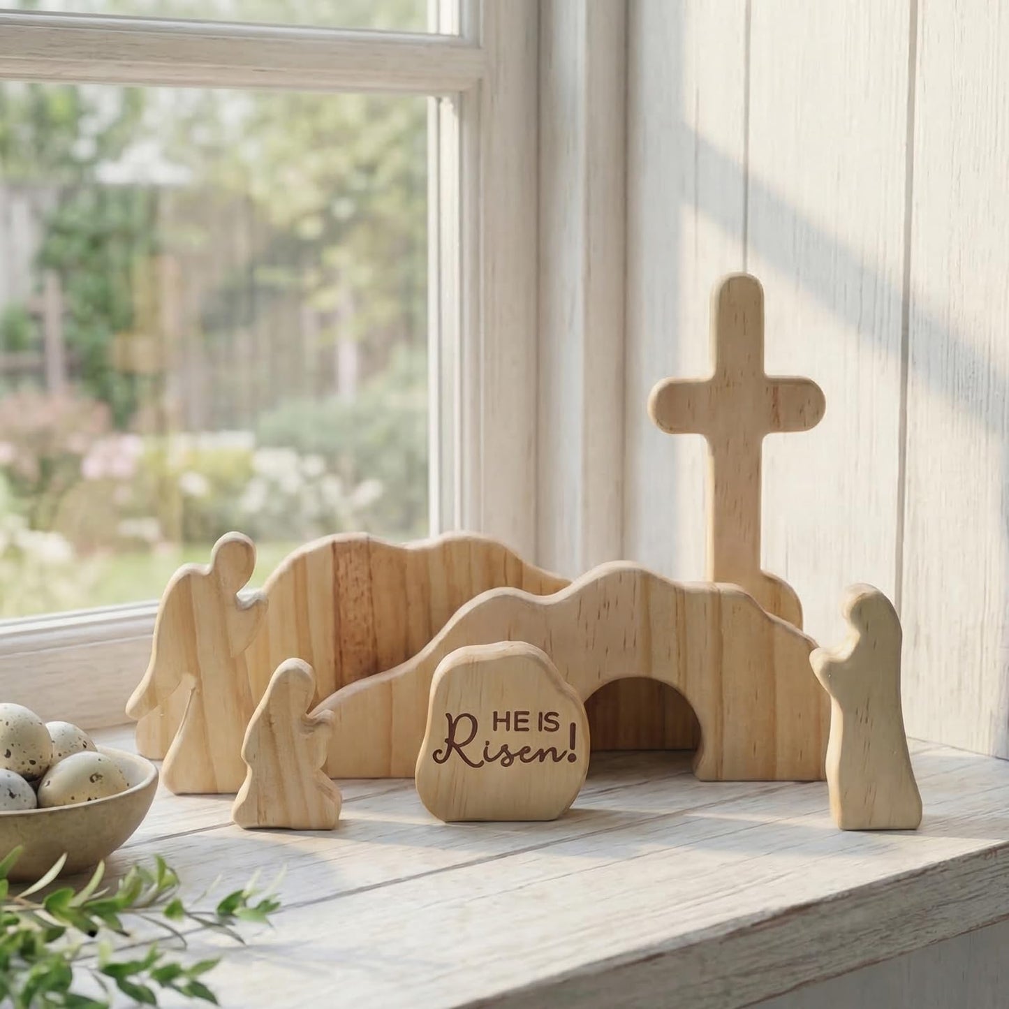 GRECOMEIN He is Risen Wooden Easter Resurrection Scene, Handcrafted Solid Wood Empty Tomb Set with Rolling Stone and Cross, Christian Religious Decor, Catholic Gifts
