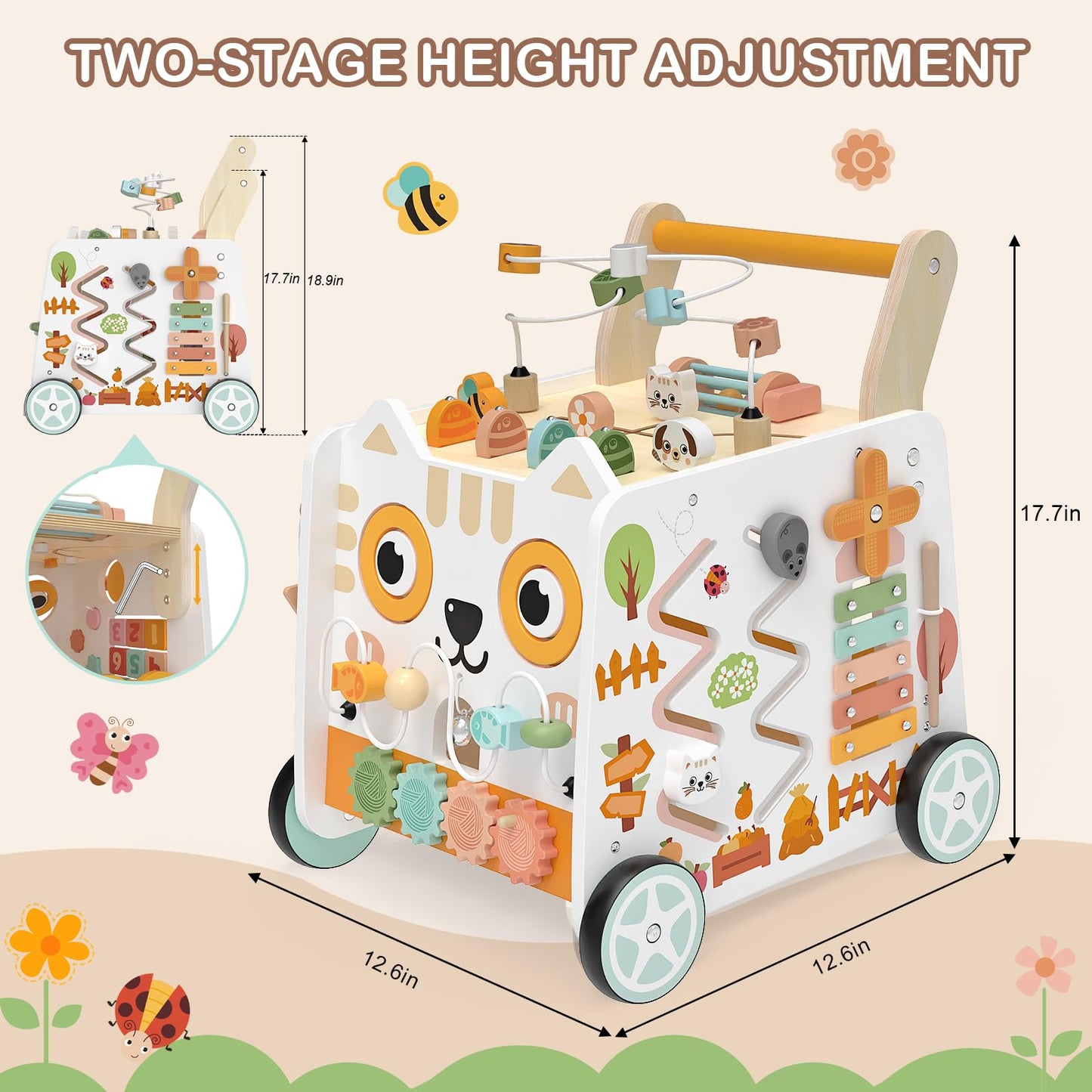 Weilim Wooden Baby Push Walker with Activity Center, Montessori Toy 12M+