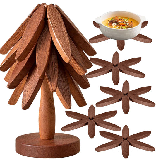 Tree Coasters Set of 4 - Wooden Trivets for Hot Dishes, Pot, Bowl, Coffee, Teapot (Brown-4)
