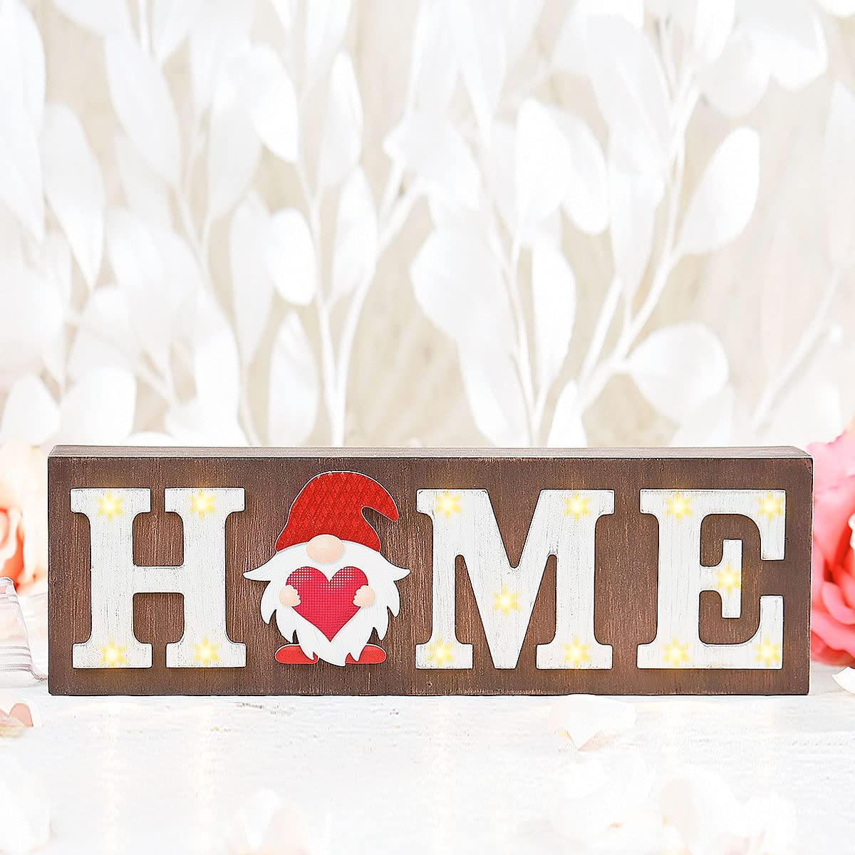 Lillian Vernon Holiday LED Light Gnome Home Table & Shelf Sitter Sign, Seasonal Tabletop Decorations & Rustic Indoor Home Decor, 3 ¾ “ Tall, MDF & Wood